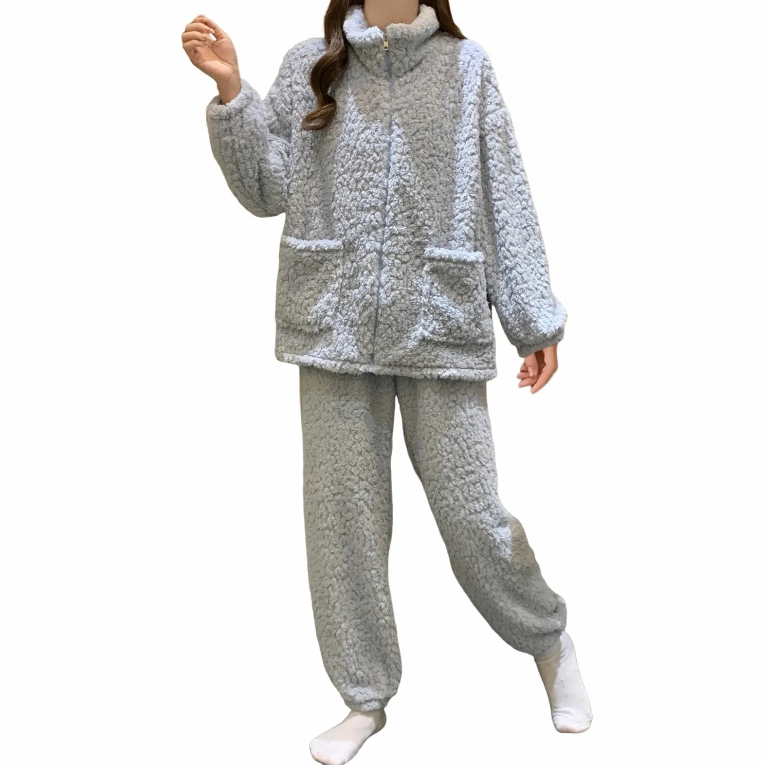 Generisch Pijama largo de franela para mujer, cuello redondo, forro polar, invierno, térmico, manga larga, de rizo, pijama de dos piezas, ropa de dormir cómoda