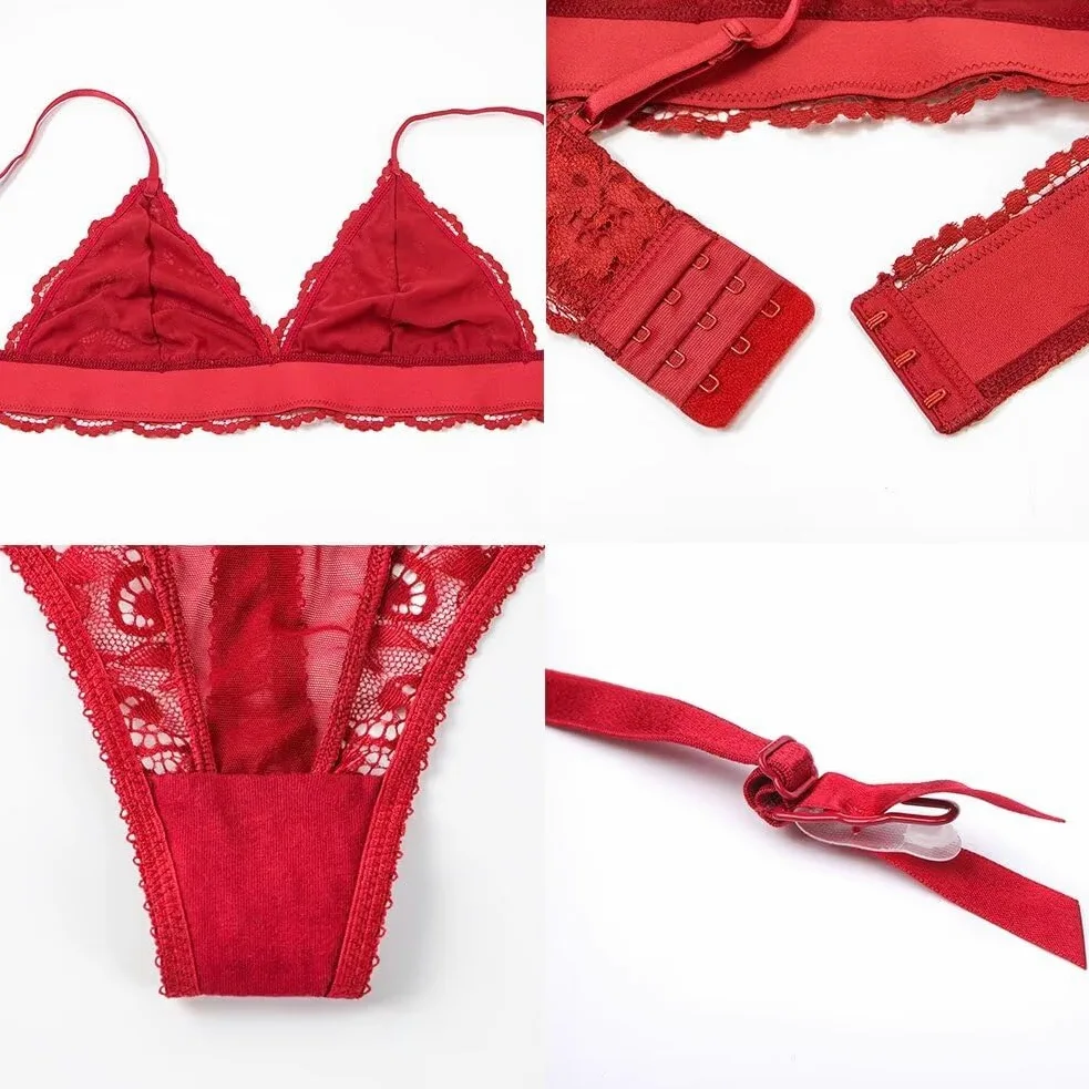 Mujer Hacer Subir Cordón Conjunto de Sujetadores Cordón Lencería Sostén y Bragas y Calcetines y Visera 5 Piece