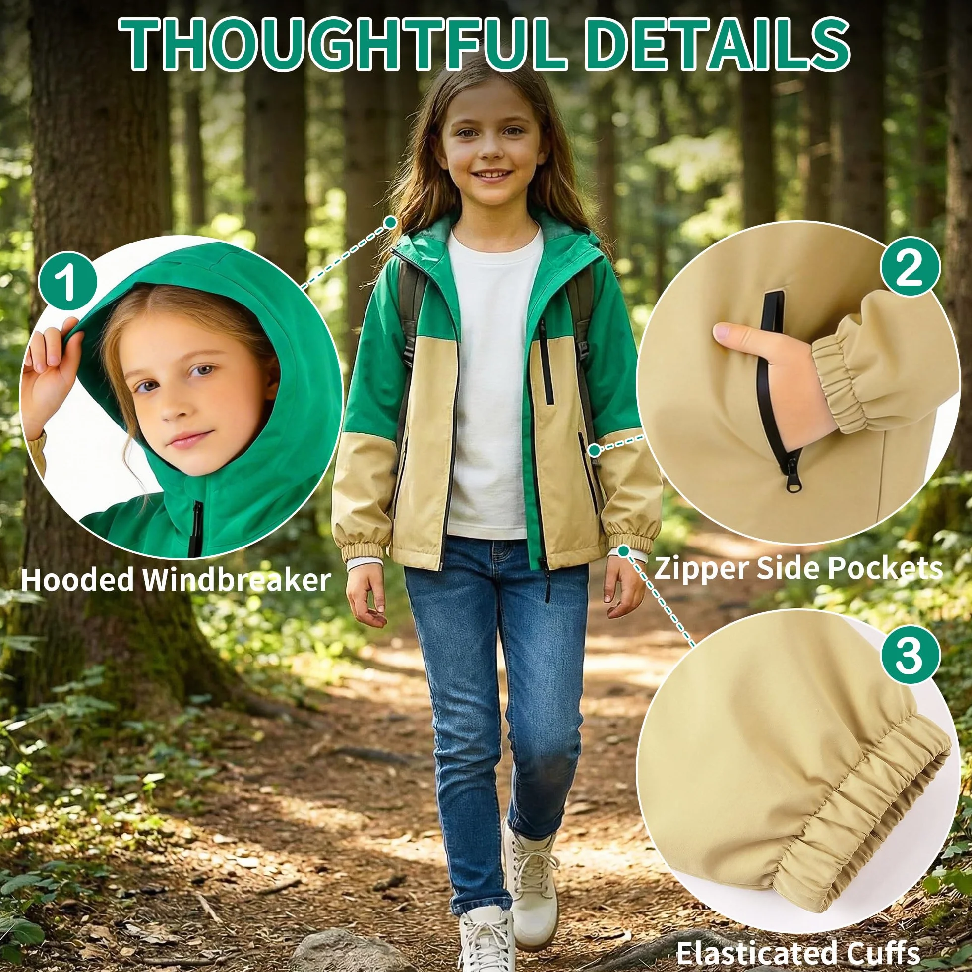 Chaqueta Impermeable Infantils, Chubasquero con Tiras Reflectantes y Bolsillos Cremallera, Ligero Cortavientos con Capucha, Ropa Abrigo Niñas Niños Exterior Escuela para Edad 5-13