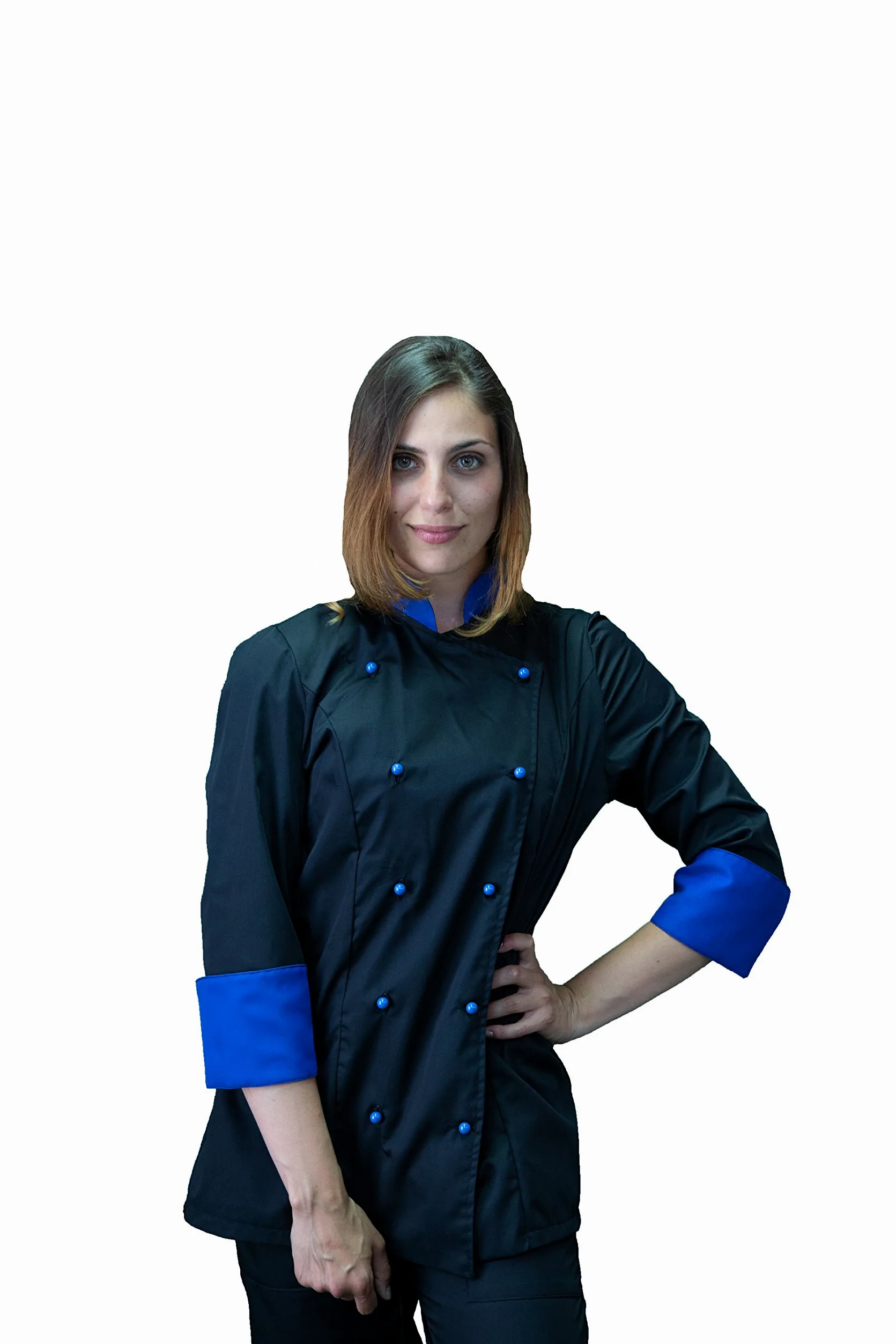 Ricamo Gratuito - Conjunto de cocina - Negro y azul - Divisa Chef Mujer - Pantalón, chaqueta y delantal - Made in Italy