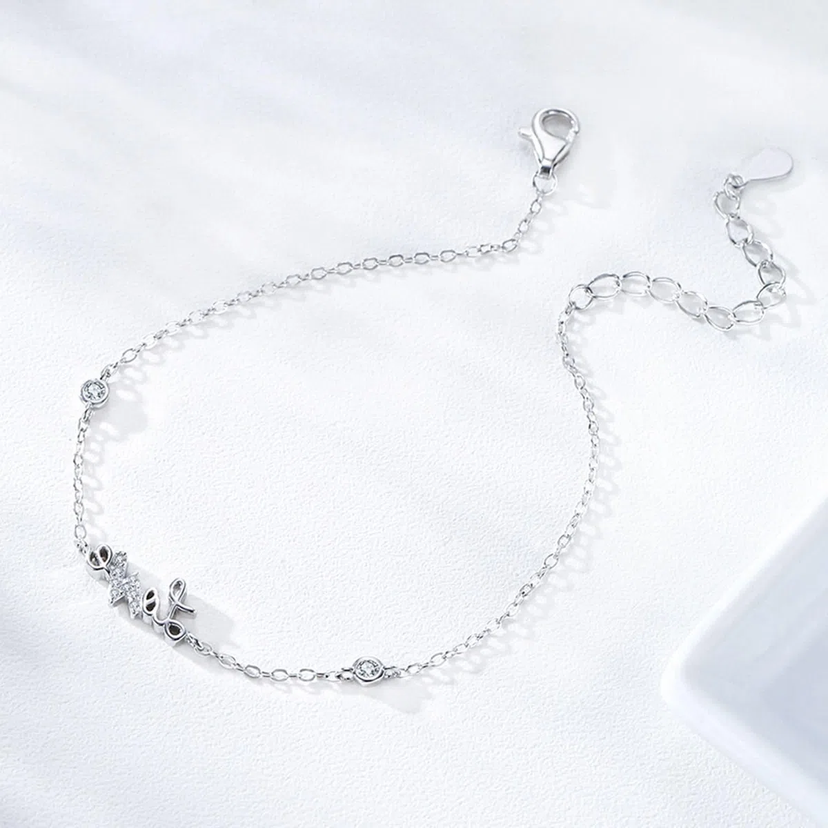 Pulseras de Oro Blanco 9 Kilates / 14 Kilates / 18 Kilates Mujer, Letra love con Diamante Creado, Cadena Extensible 16 CM + 5 CM, Pulseras para Mujer Plata