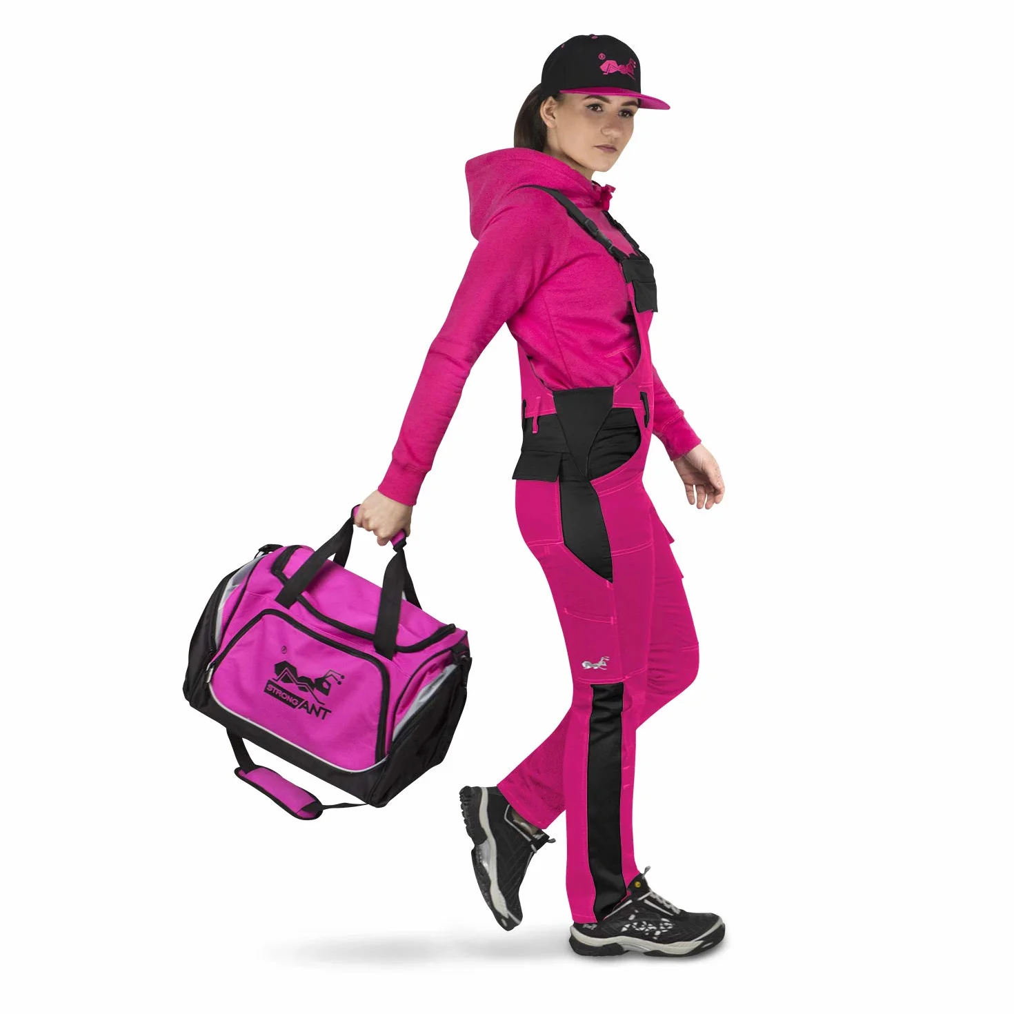 strongAnt Peto elástico de Trabajo para Mujer, pantalones de trabajo con bolsillos para rodillera - Negra Blanca Rosa