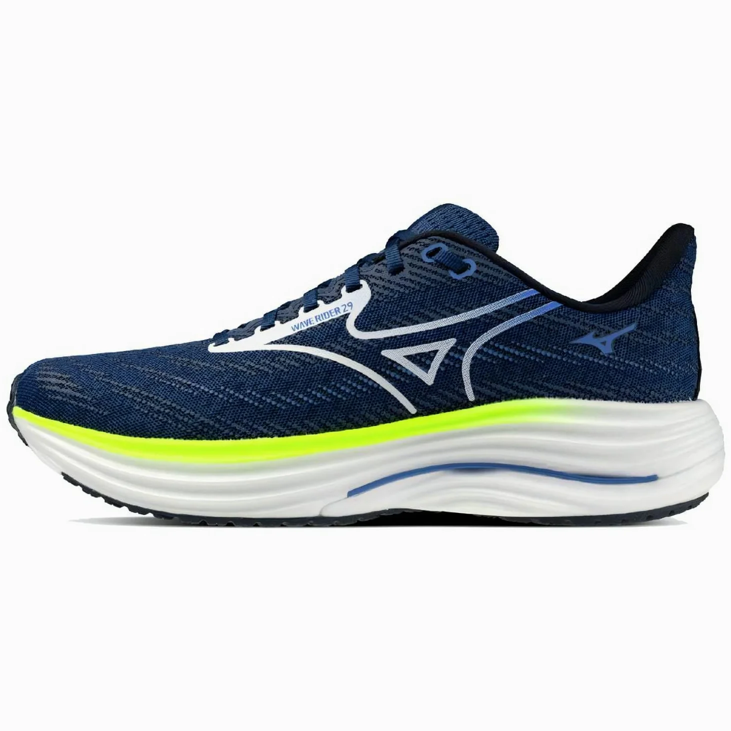 Mizuno Wave Rider 29 - Zapatillas de correr para hombre, color azul estate, blanco, amarillo relámpago