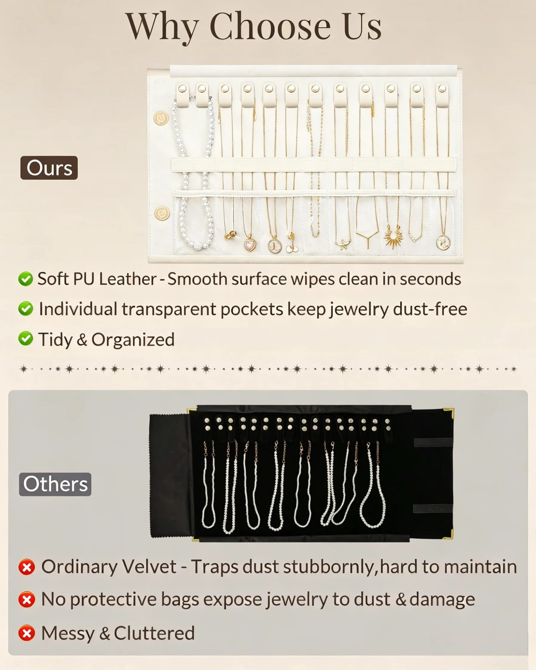 Lolalet Organizador de Collares de Viaje Antienredos, Bolsa de Joyas de Cuero Plegable y Enrollable para Collares, Cadenas y Pulseras - Blanco Crema, 12 Compartimentos