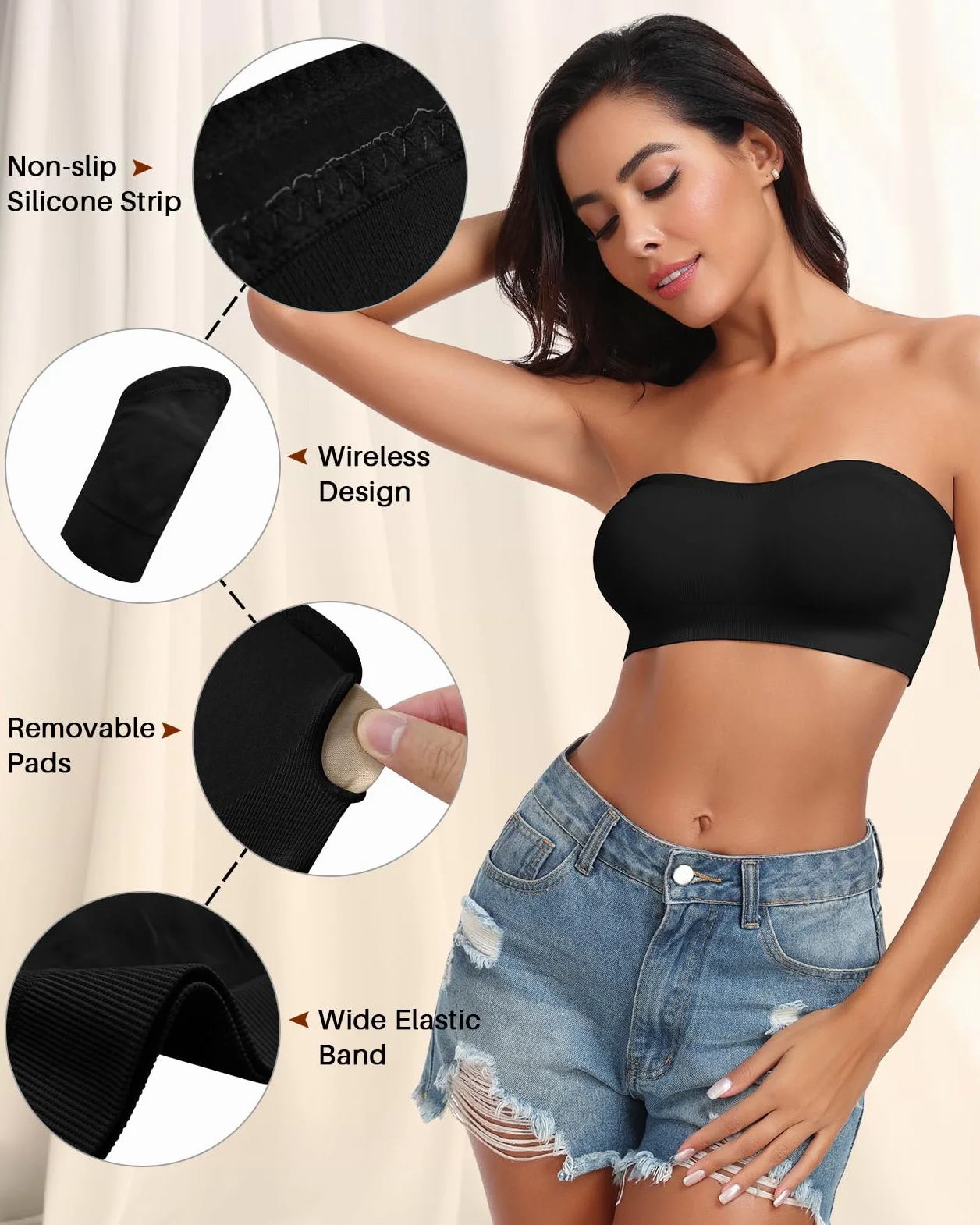 LEYSHE Sujetador sin Tirantes para Mujer, Sujetador Bandeau Acolchado, Top de Tubo sin Costuras, Top Bandeau Antideslizante