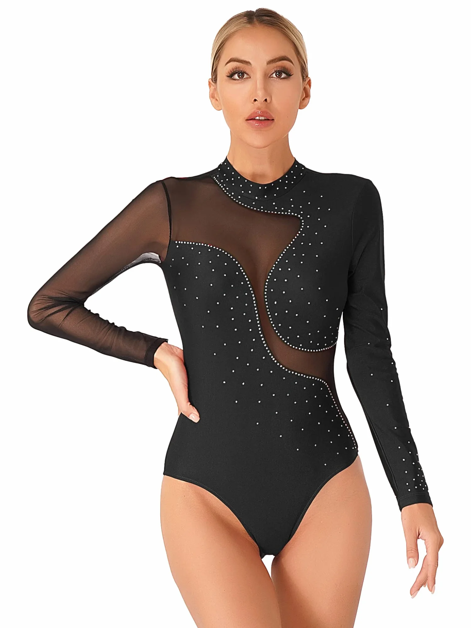Maillot Gimnasia Ritmica Brillantes Leotardo Ballet Mujer Manga Larga Body Patinaje Artistico