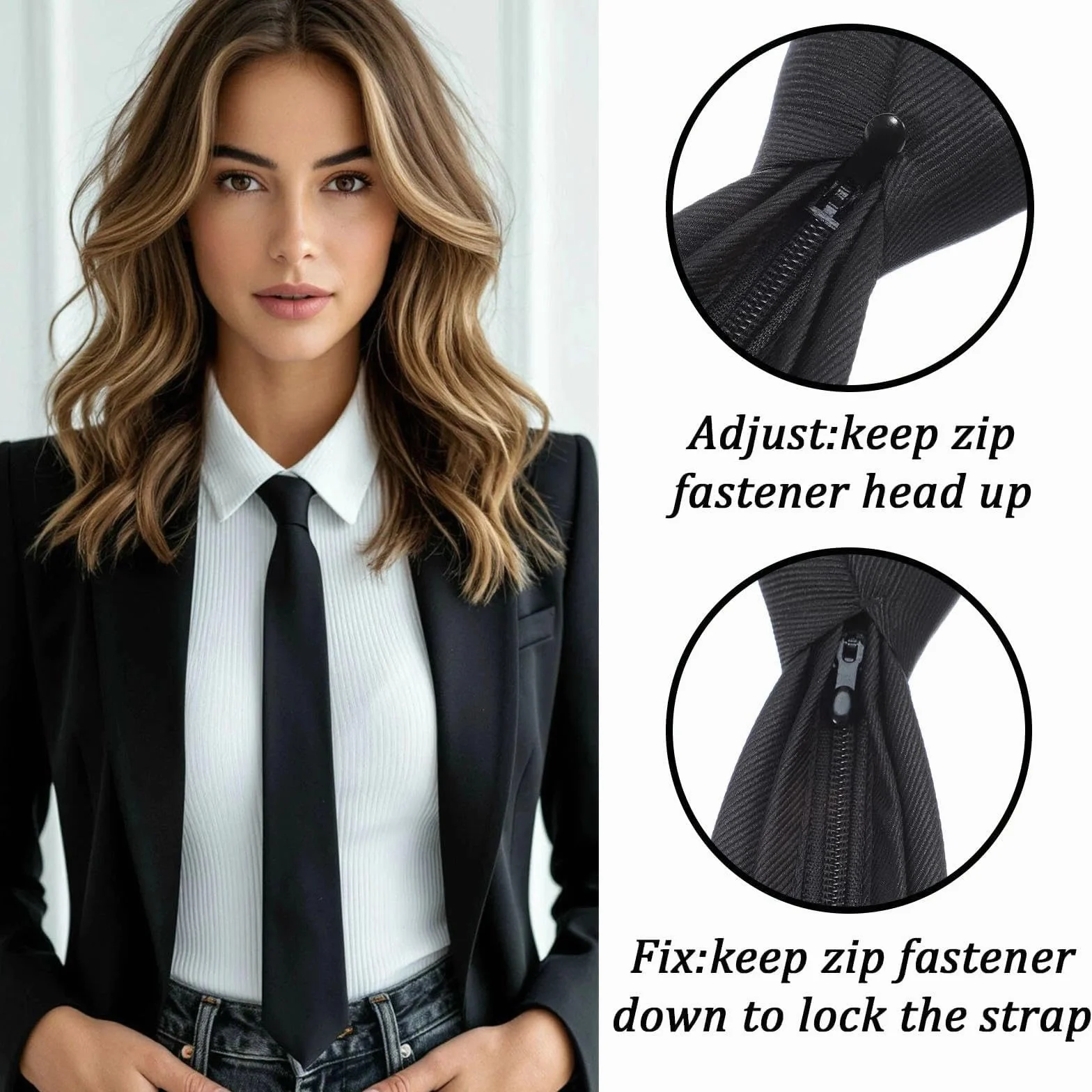 Corbata negra para mujer, corbatas preatadas de 38 cm, ajustables con cremallera, uniforme JK, para graduación y bodas