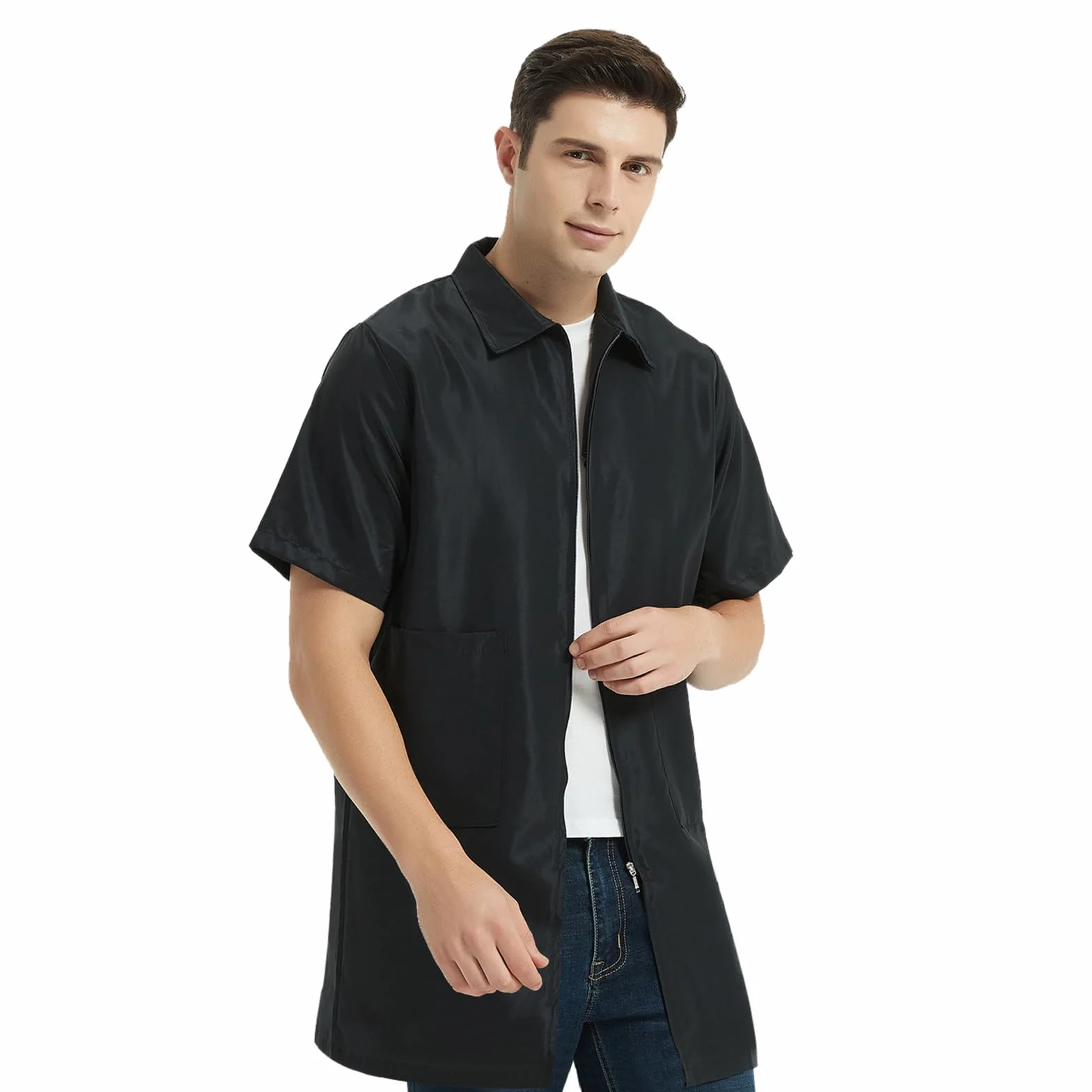 TOPTIE Chaqueta de Barbero Manga Corta Hombre Ropa Trabajo Uniformes Peluquería Camisa Negra Cremallera Bolsillos Corte Holgado