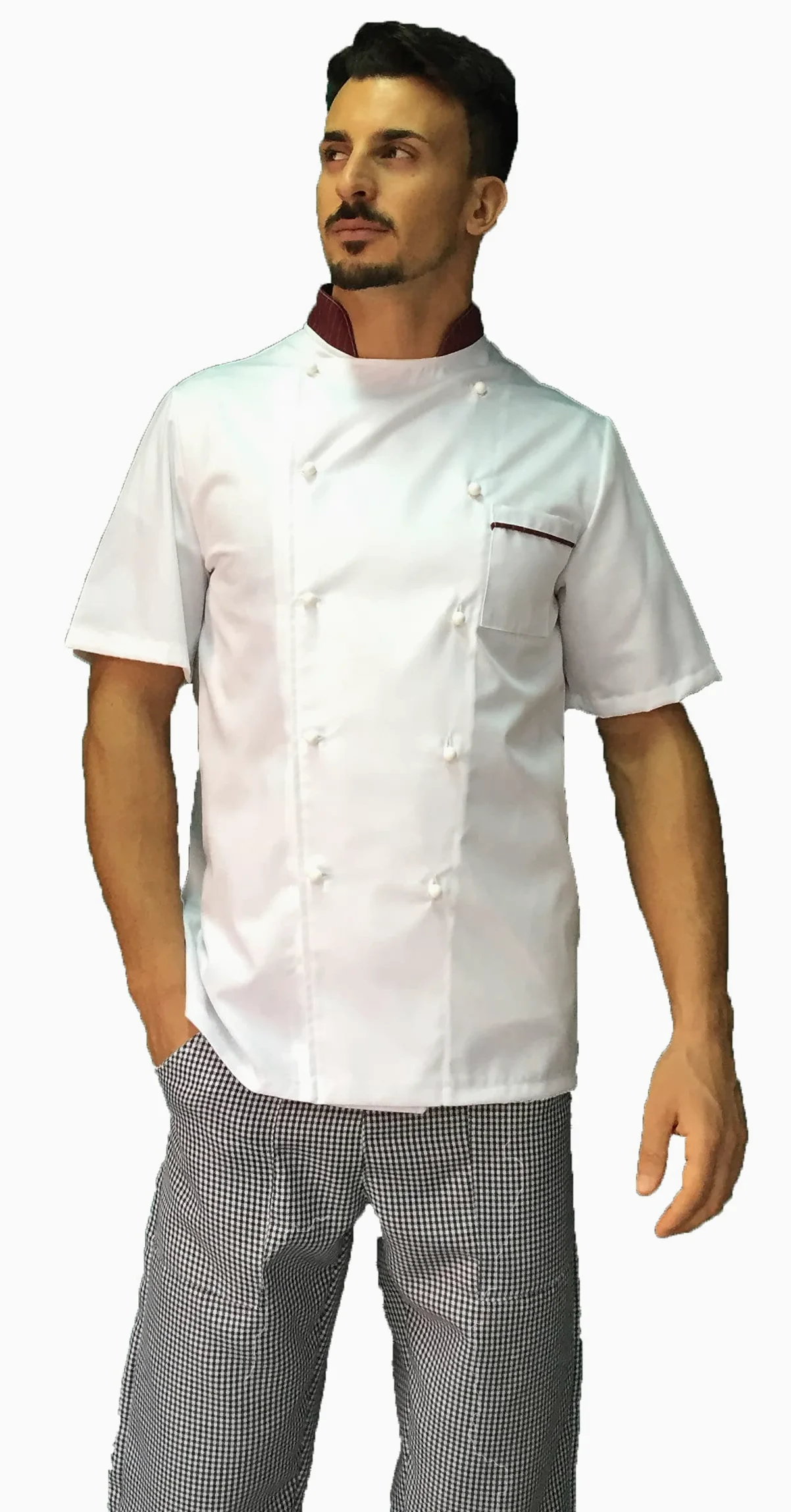 Bordado gratis - Conjunto de cocinero para hombre - Blanco/Burdeos y Pied de Poule - Uniforme Chef de manga corta - Chaqueta, pantalones y delantal - Algodón - Uniforme para cocina y