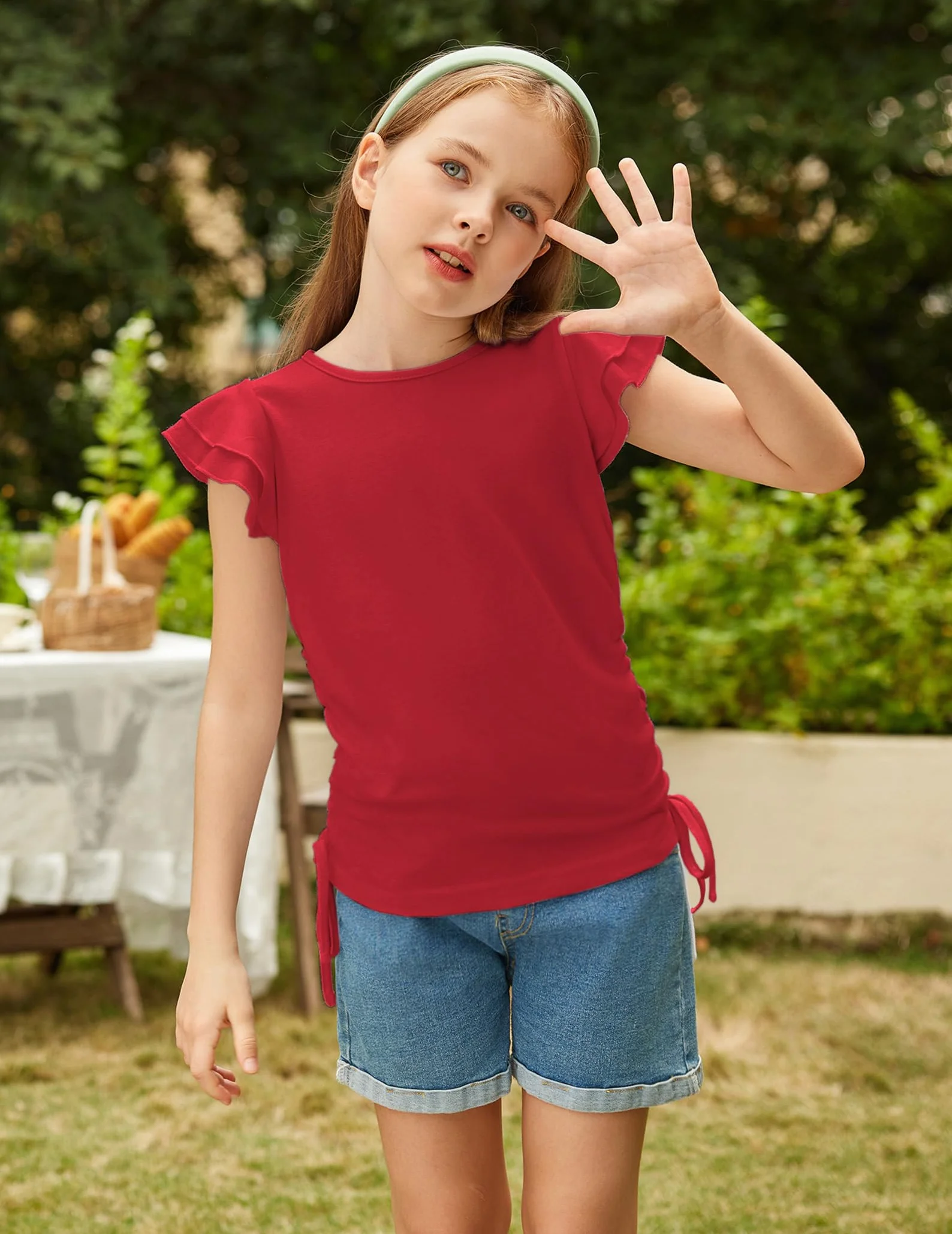 Arshiner Camiseta para Niña con Mangas con Volantes Camiseta para Niños Camiseta con Cuello Redondo Camiseta Informal Ropa para Niños con Cordón 5-12 Años