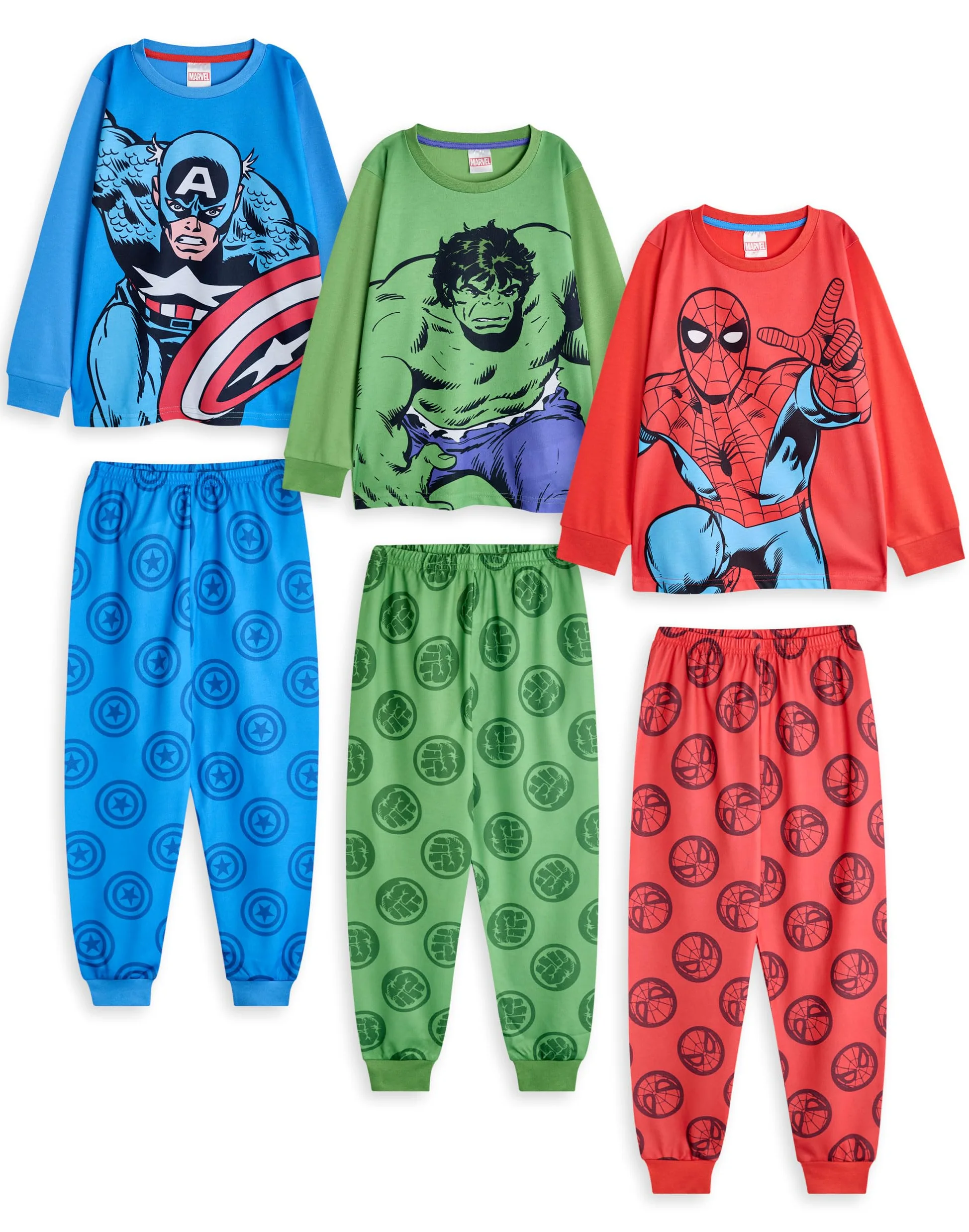Marvel Conjunto de Pijama para niño, Paquete de 3 | Camiseta de Manga Larga con gráfico de Spiderman, Hulk y Capitán América para niños y Pantalones de Pijama de Pernera Larga en Rojo, Verde y Azul