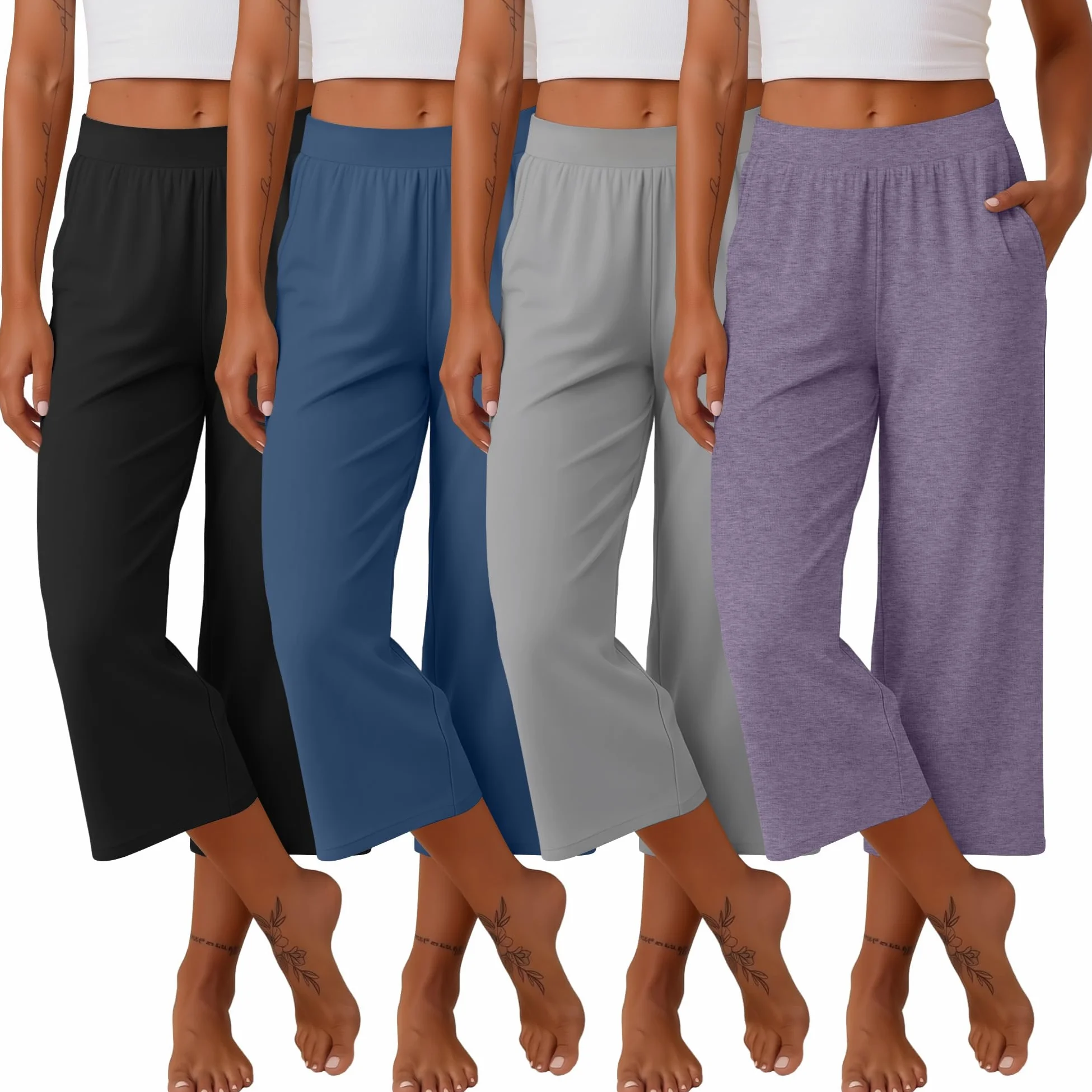 Neer Pantalones Capri para Mujer, de algodón, con Pierna Ancha, Pantalones de Deporte, Pantalones Cortos de Yoga con Bolsillos | Pantalones capri de yoga de pierna ancha, pantalones cortos de ajuste holgado, cintura elástica, pantalones capri de