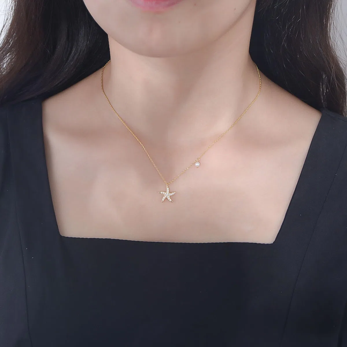 Collar con colgante de moissanita para mujer, oro amarillo de 9 quilates, 14 quilates, 18 quilates, 12,3 mm, con colgante de estrella de mar y perla, cadena Rolo: 40 + 5 cm