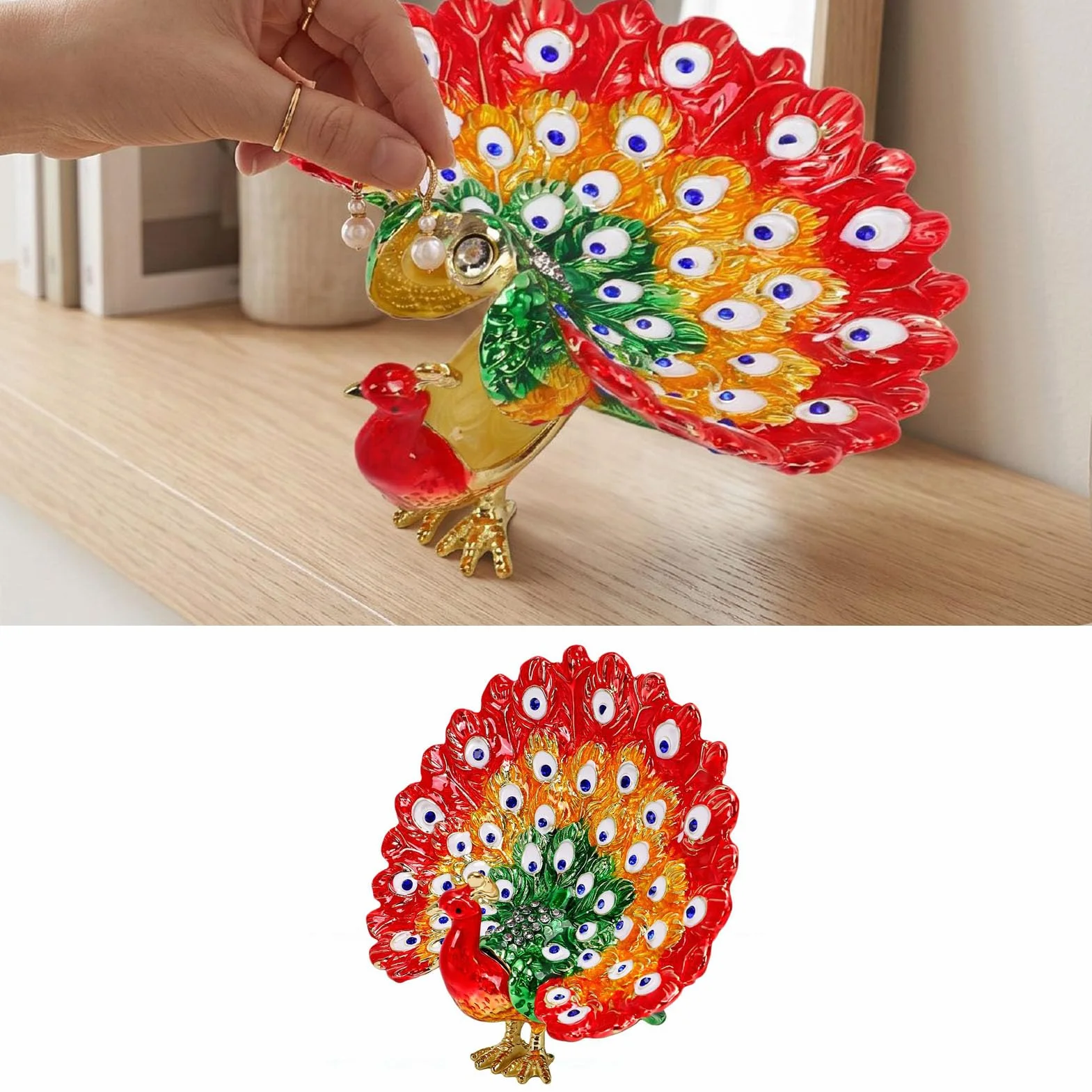 Luocute Caja de Baratija de Pavo Real Esmaltada, Joyero Pintado a Mano con Diamantes de Imitación y Cierre Magnético, para Decoración del Hogar (rojo)