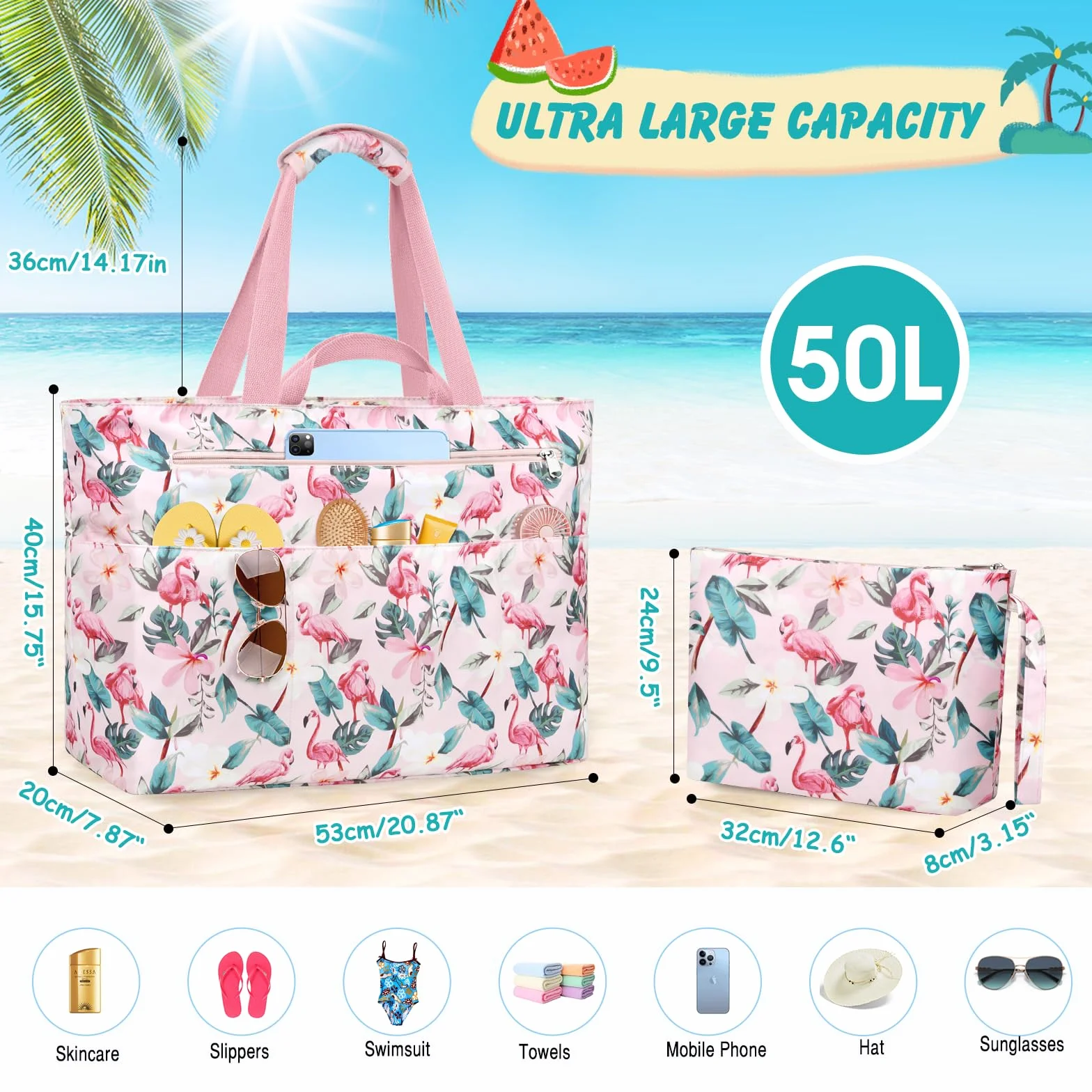 Bolsa Playa Mujer Grande Xxl Familiar Bolsos Playa Con Cremallera Beach Bag Plegable Bolsa Viaje Ligero Tote Bag Mujer Para Playa, Viajes, Picnic. 50L