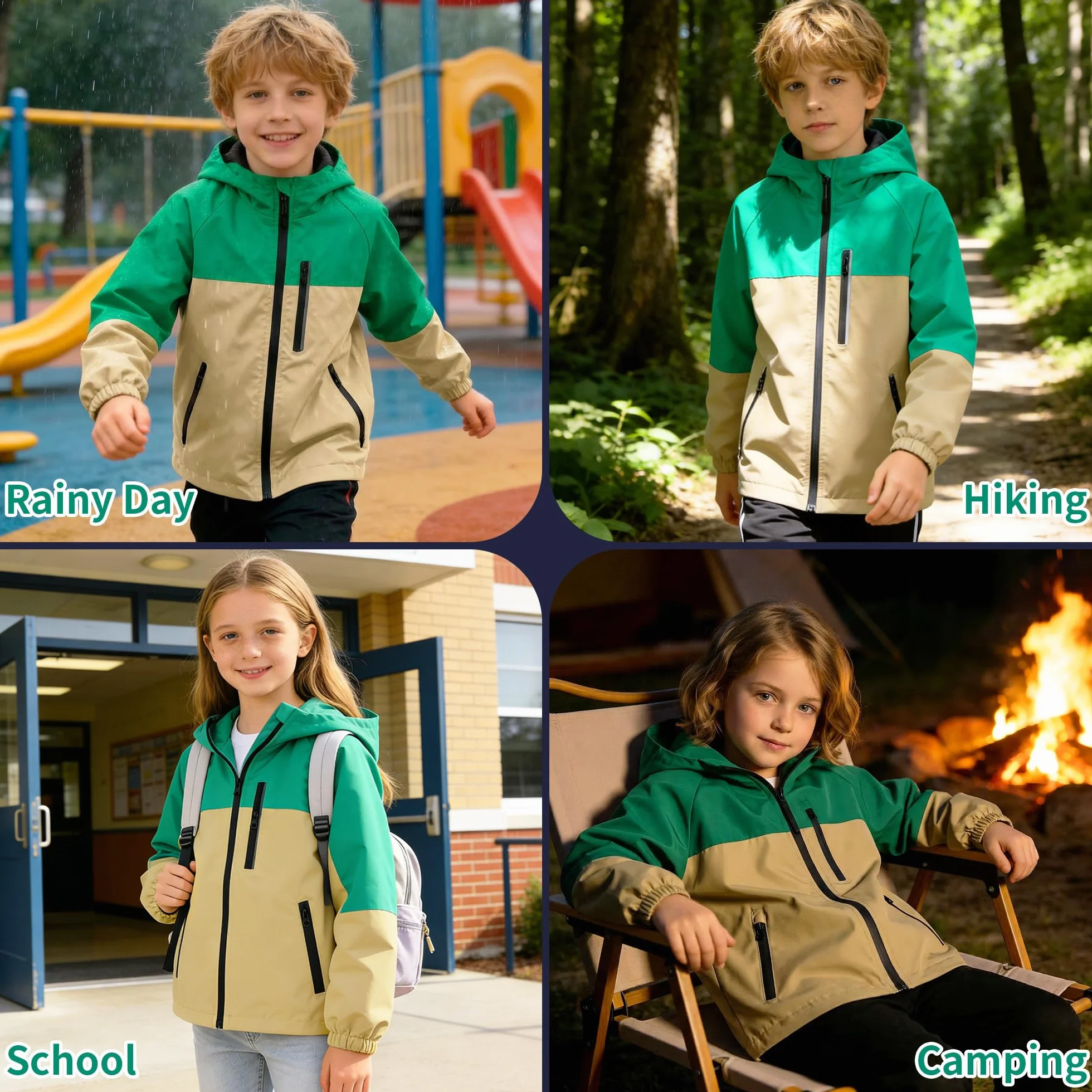 Chaqueta Impermeable Infantils, Chubasquero con Tiras Reflectantes y Bolsillos Cremallera, Ligero Cortavientos con Capucha, Ropa Abrigo Niñas Niños Exterior Escuela para Edad 5-13