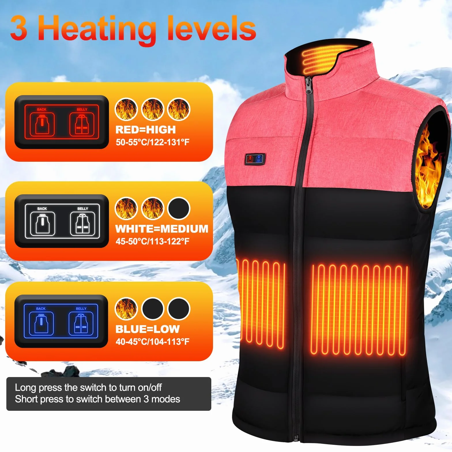 Chaleco Calefactable Mujer 4 Zonas 3 Niveles Temperatura USB Eléctrico para Exterior Pesca Esquí
