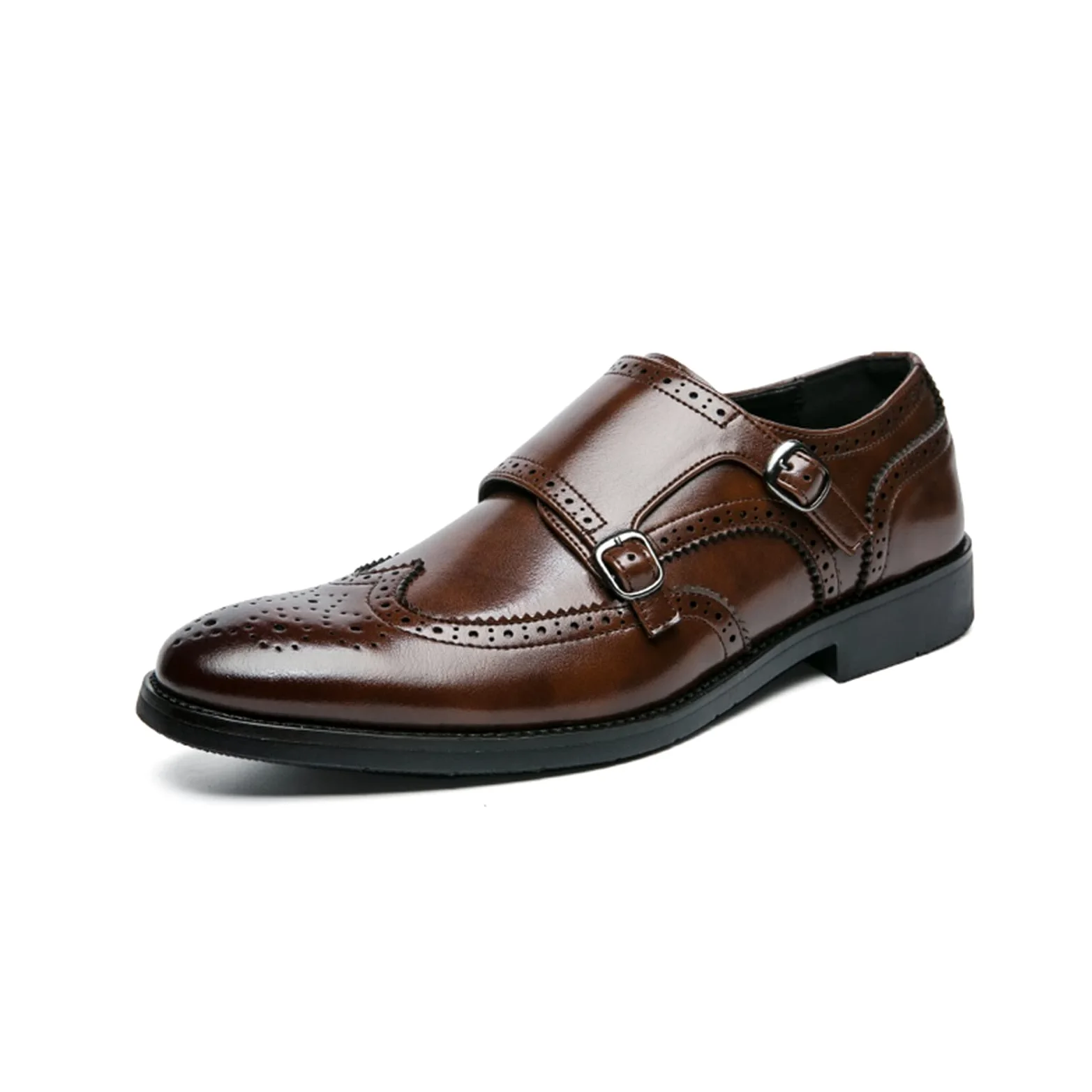 MCMUS Zapatos Oxford for Hombre Slip On Double Monk Strap Brogue Punta de ala en Relieve Faux Leather Block Heel Anti-Slip Suela de Goma Low Top Casual Adecuado para Muchas Ocasiones