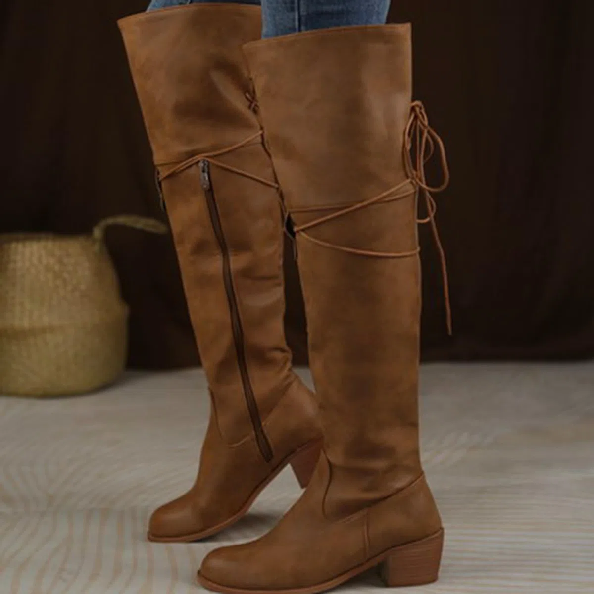 Botas Altas Mujer Invierno Botas Cowboy Mujer Cordones Cierre De Cremallera Lateral Moda Retro Antideslizantes Comodas Bota Tacones Medios-Bajos Clásicas Sólido Por Encima La Rodilla Casual Bota