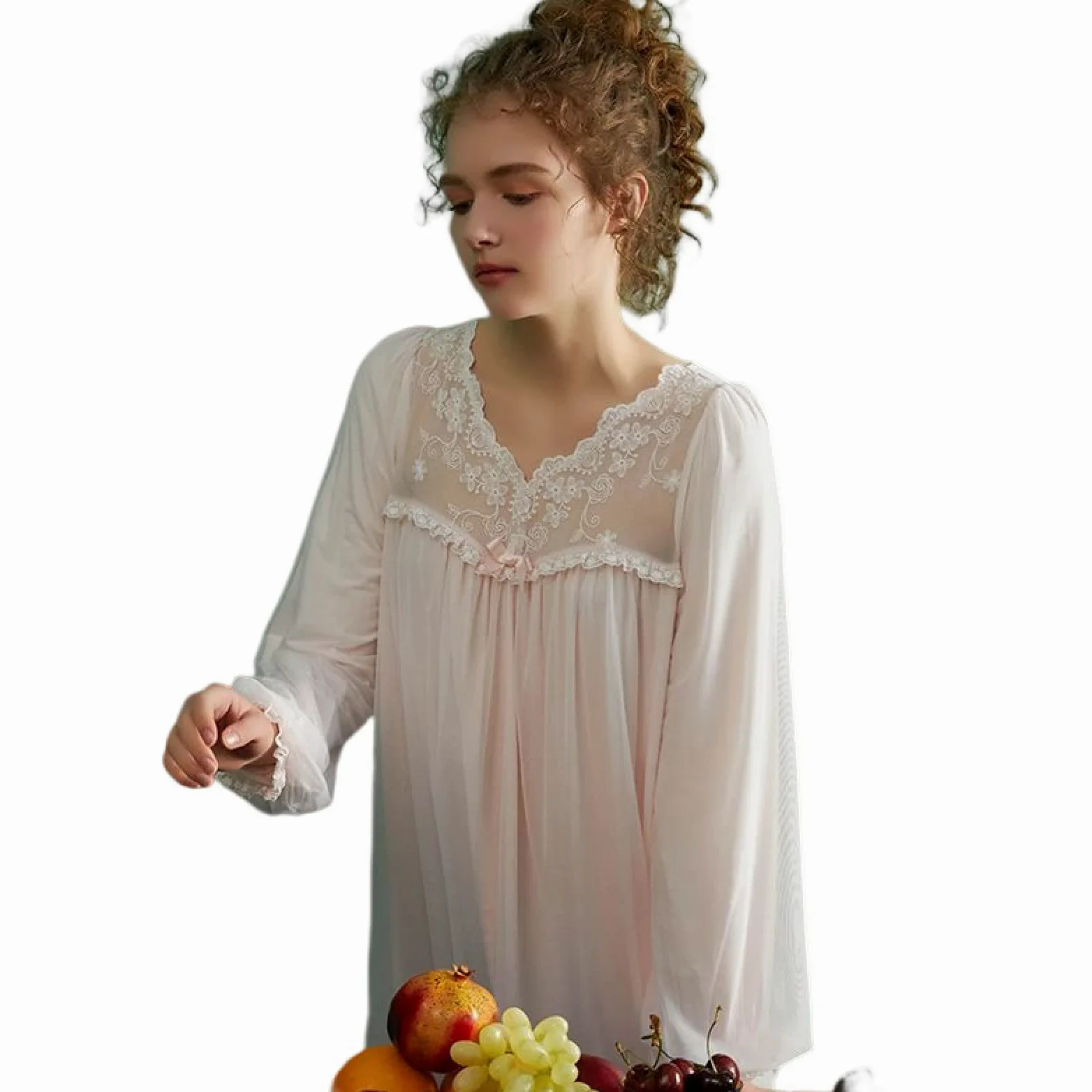 OFFSUM Camisón De Pijama De Mujer - Vintage Encaje Cuello En V Bordado Ropa De Dormir Primavera Verano Color Sólido Elegante Princesa Casual Camisón Vestido Loungewear