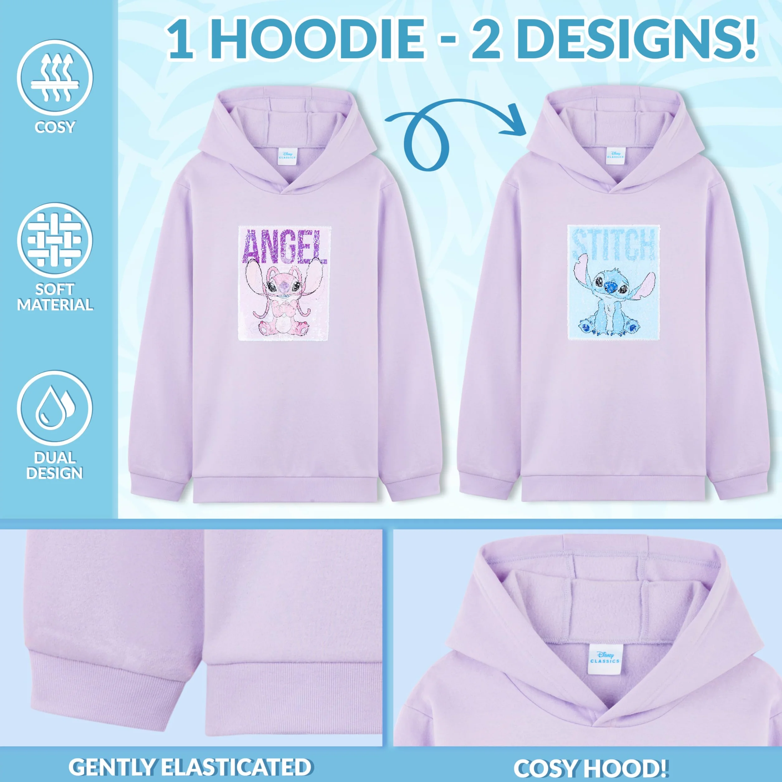 Disney Stitch Sudadera con Capucha Reversible de Lentejuelas, Moda Cálida Ropa para Niña y Adolescente