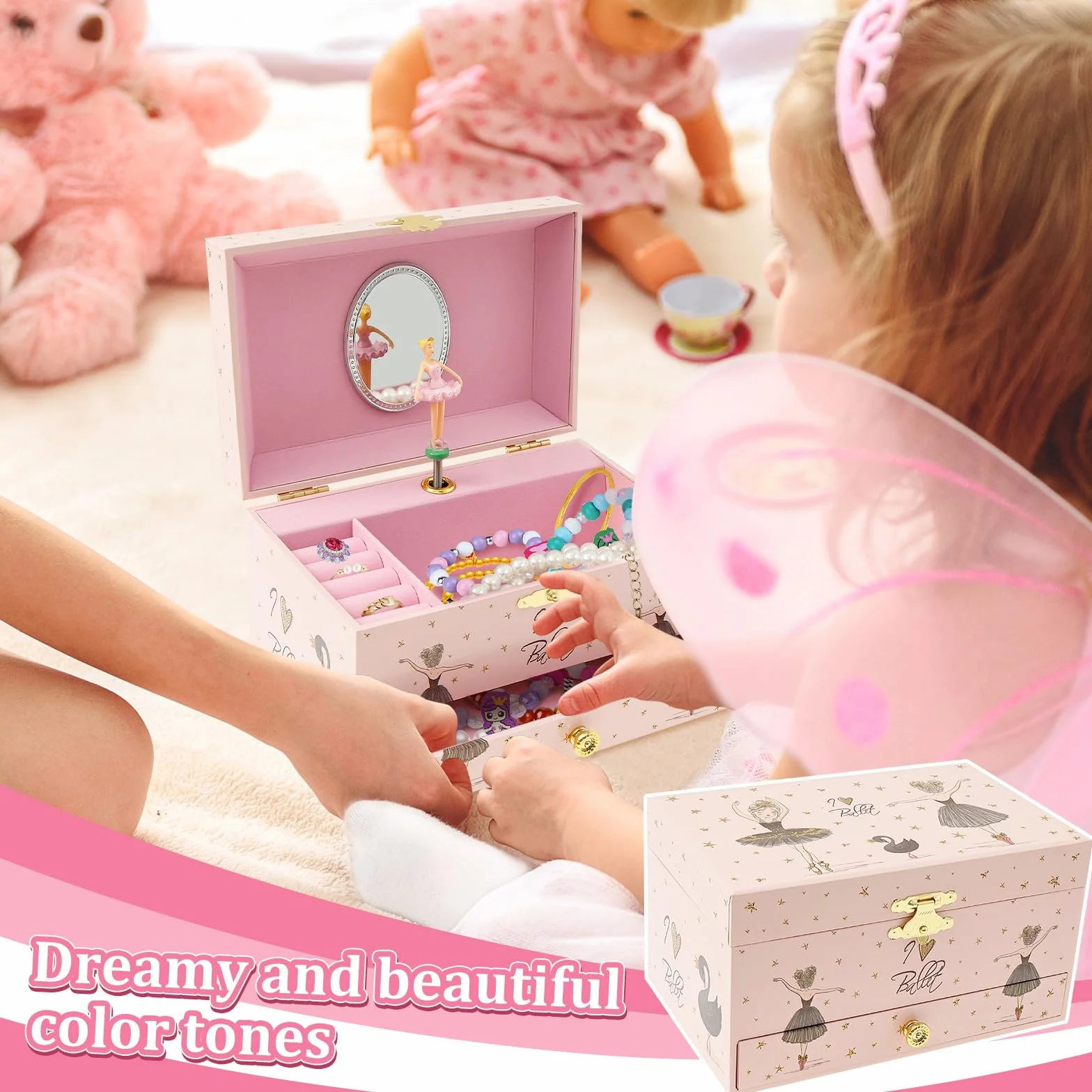 Joyero niña Joyero musical para niños, caja de música con unicornio giratorio, para niñas y niños, con espejo, regalo de cumpleaños (niña de ballet rosa y negro)