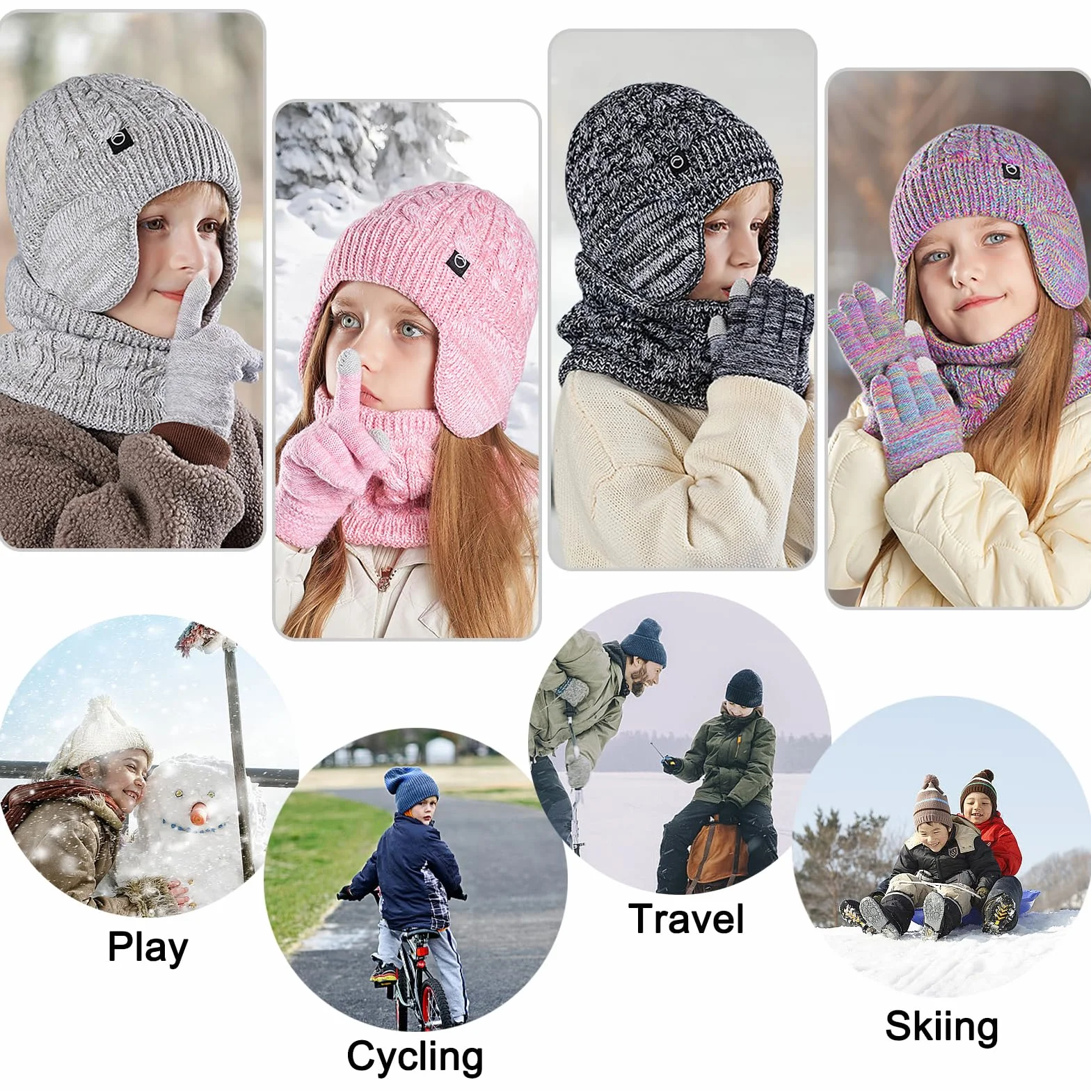 Niños Conjunto Gorro de Punto Bufanda Guantes Set 3 en 1, Invierno Cálidos Beanie con Orejeras Caliente Bufanda Pantalla Táctil Guantes para Niños Niñas 4-10 Años