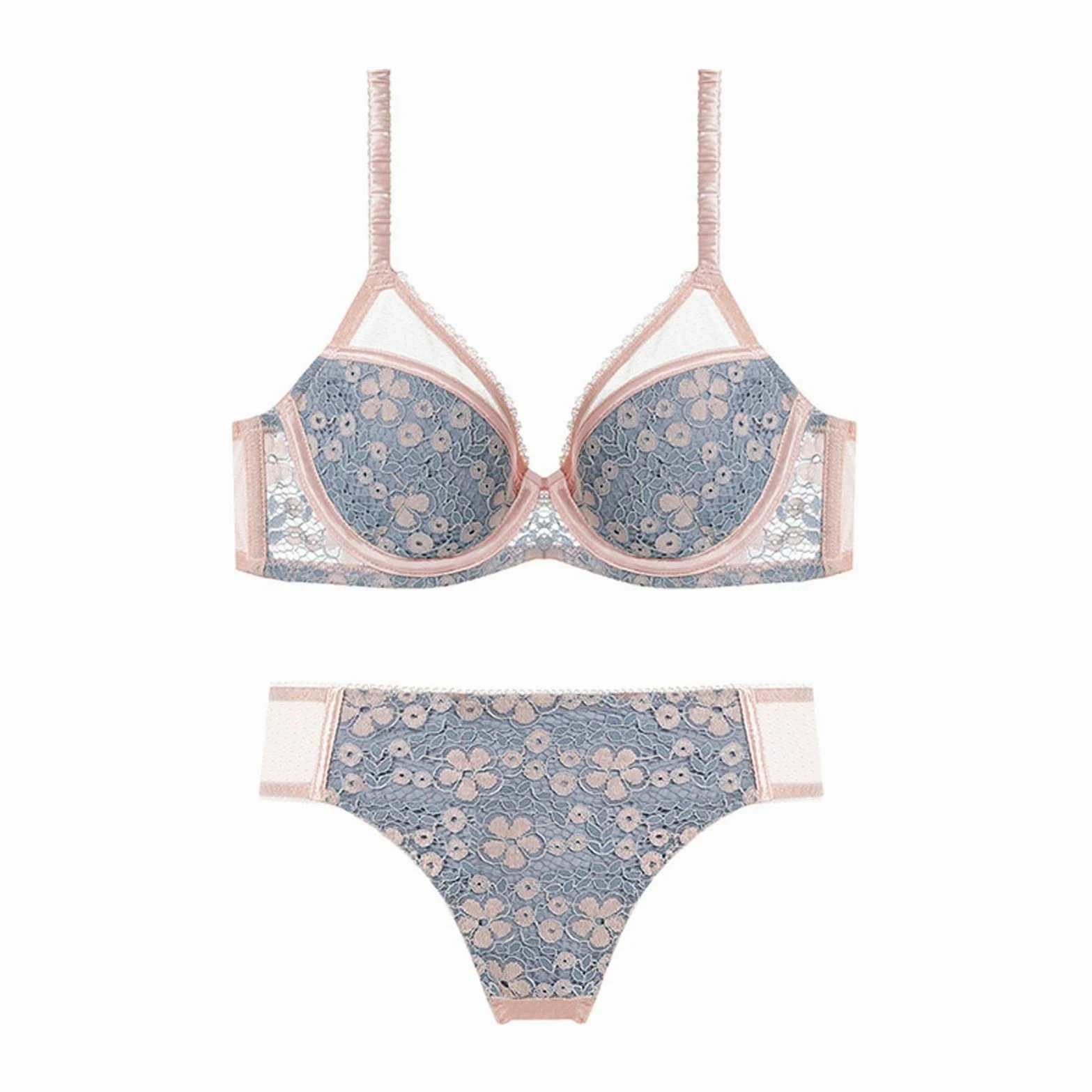 Conjunto de sujetador y bragas de encaje para mujer, minimizador diario sin forro, sujetador sexy y delgado femenino (color rosa, tamaño: 70 C)