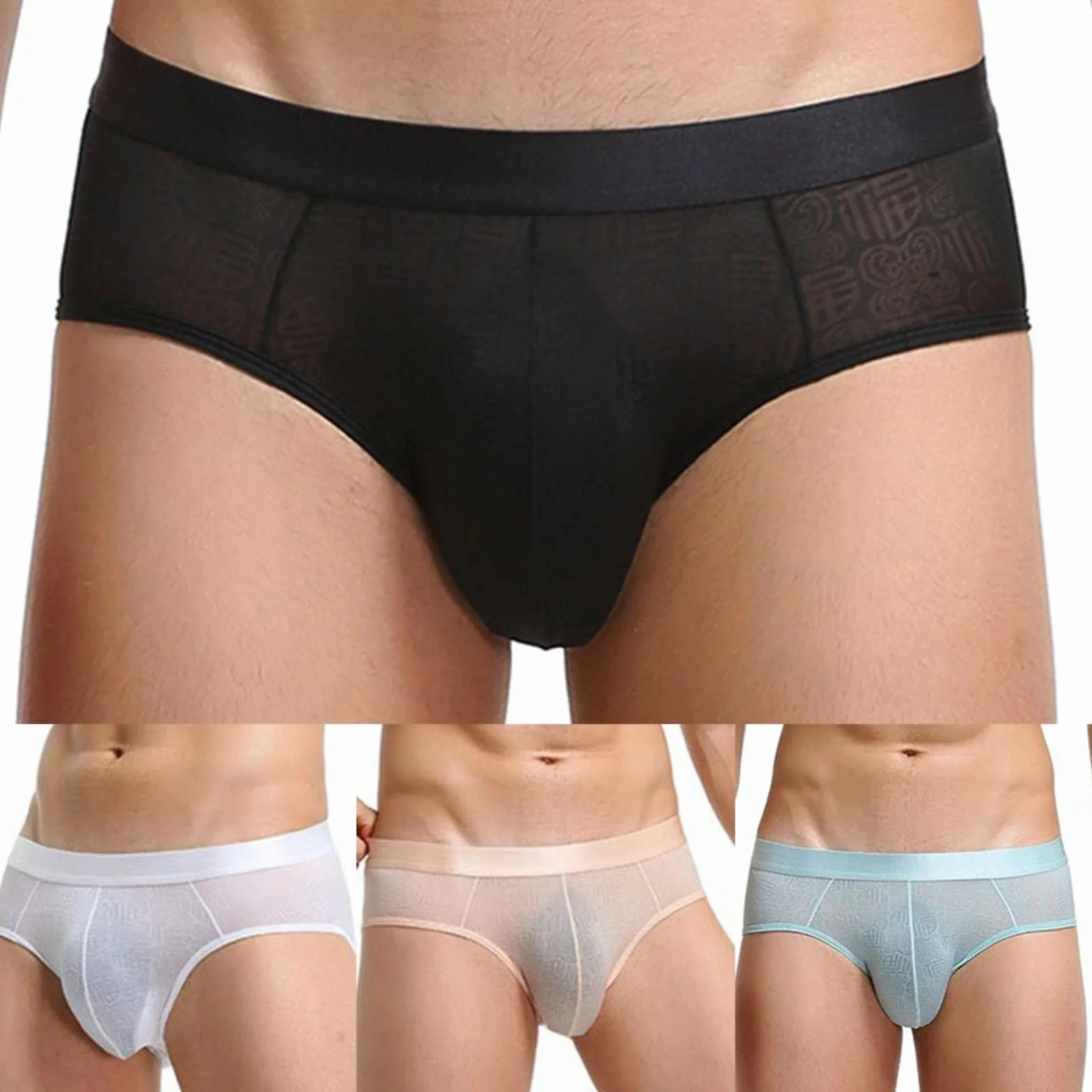 Calzoncillos de seda helada para hombre con malla transparente, diseño estampado, cintura baja