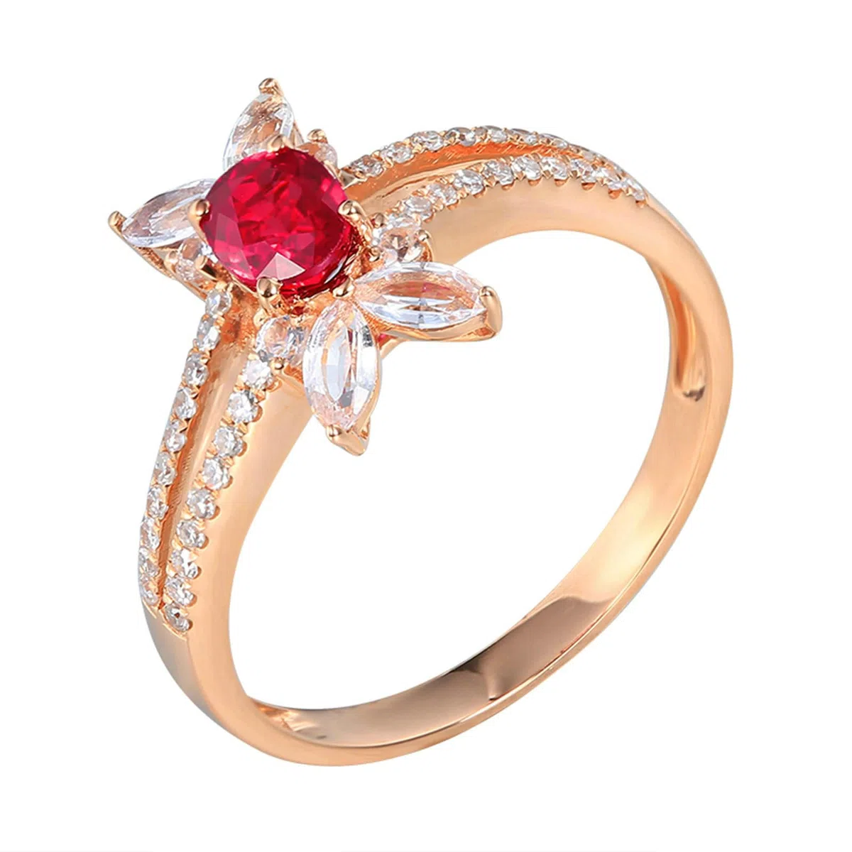 Anillos de compromiso de oro rosa de 9 quilates para mujer, anillo de boda para mujer, diseño hueco, ovalado de 4 puntas, rubí rojo creado en laboratorio de 0,57 quilates, anillo de moissanita