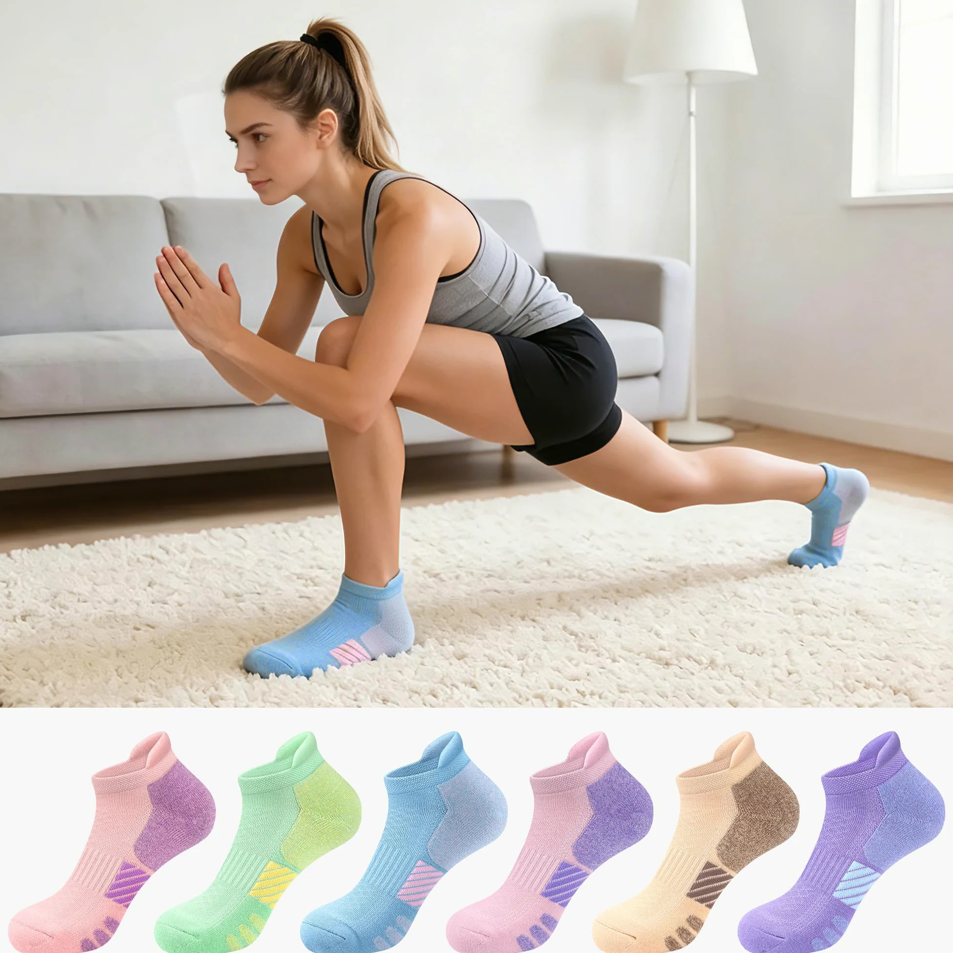 Calcetines tobilleros deportivos acolchados para mujer, 6 pares
