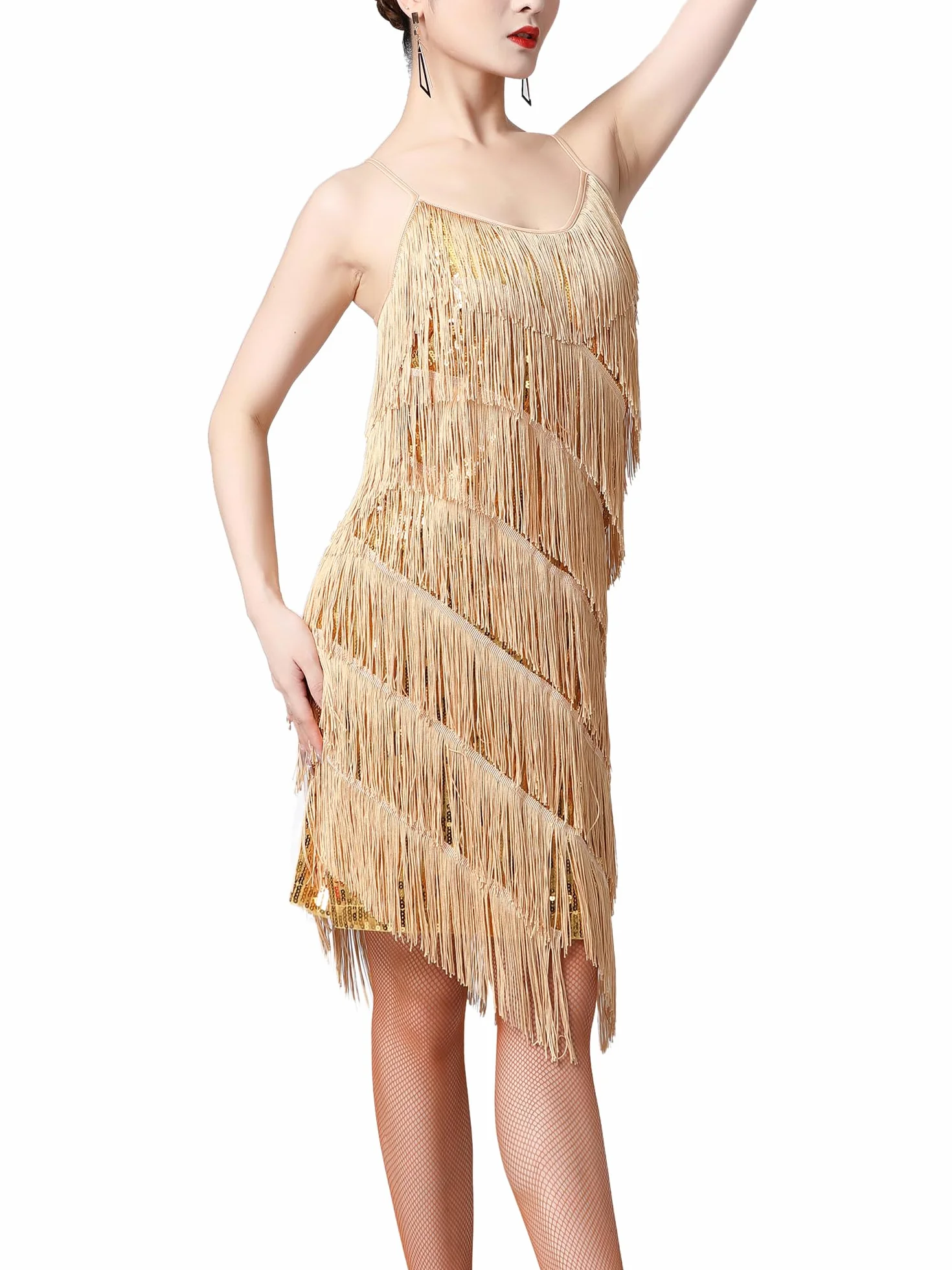 inhzoy Vestido de Baile Latino Lentejuelas para Mujer Vestido Flapper con Flecos de Lentejuelas Salsa Tango Salón de Baile Traje de Samba Chacha Disfraz Fiesta Dancewear