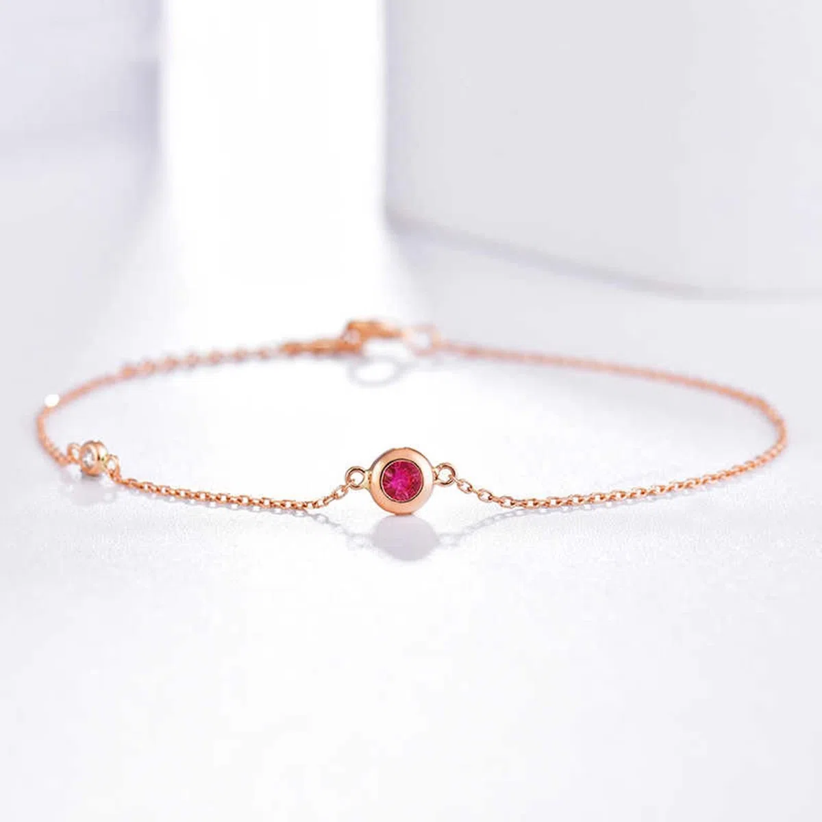Pulseras Oro Rosa Mujer 9Kilates / 14Kilates / 18Kilates, Redondo con Rubí y Diamante, Cadena Extensible 16 CM + 5 CM, Pulseras Mujer de Oro Rosa