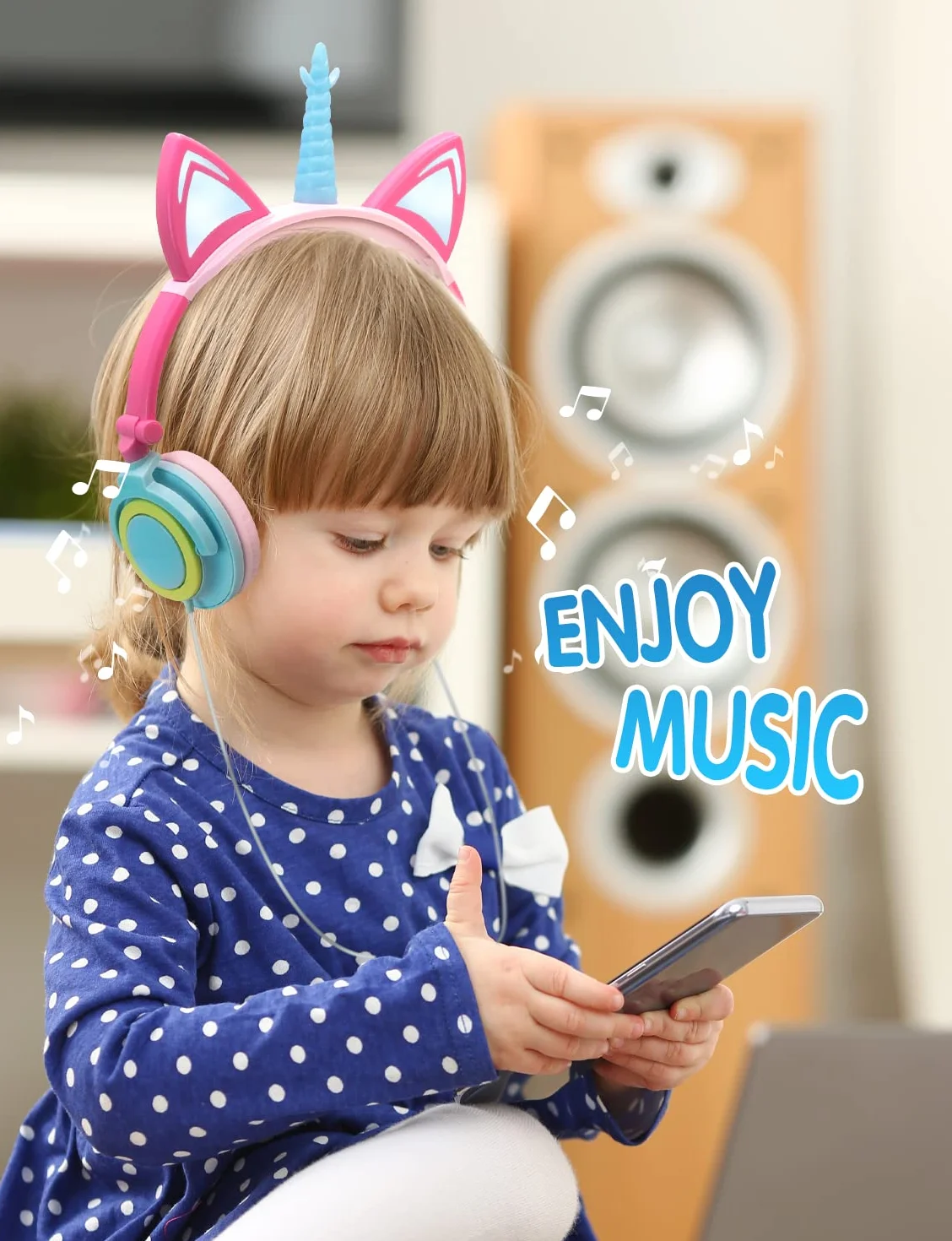 ONTA Auriculares para Niños con Orejas de Gato Iluminados con LED Plegables sobre Oído, Auriculares Resplandor Unicornio para Niños para la Escuela, la Casa, Cable Sin Enredos (Polvo Azul)