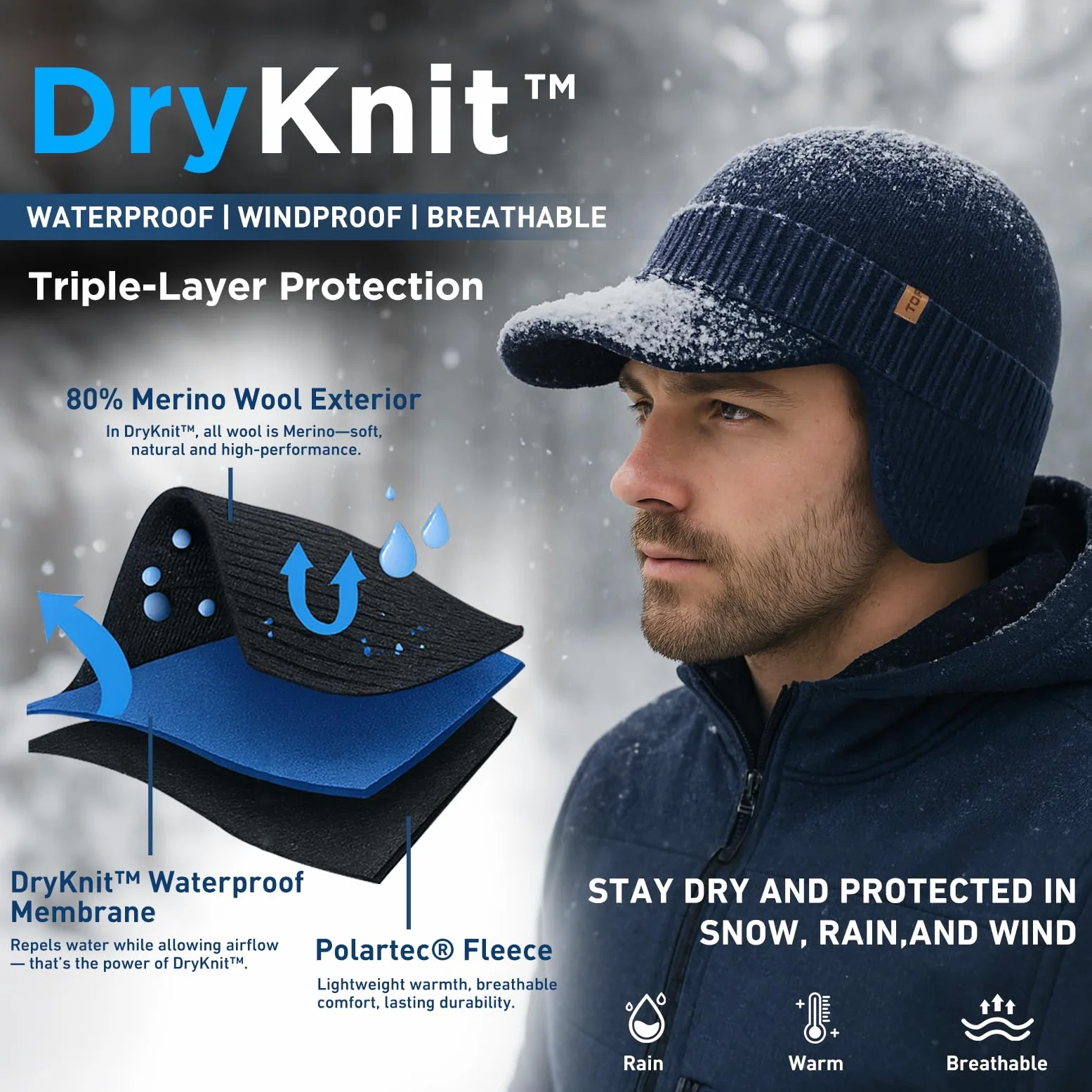 TOP-EX DryKnit - Gorro impermeable de 80 % lana merino, con orejeras, forro polar cálido para invierno, para clima frío, estilo unisex, 55-66 cm
