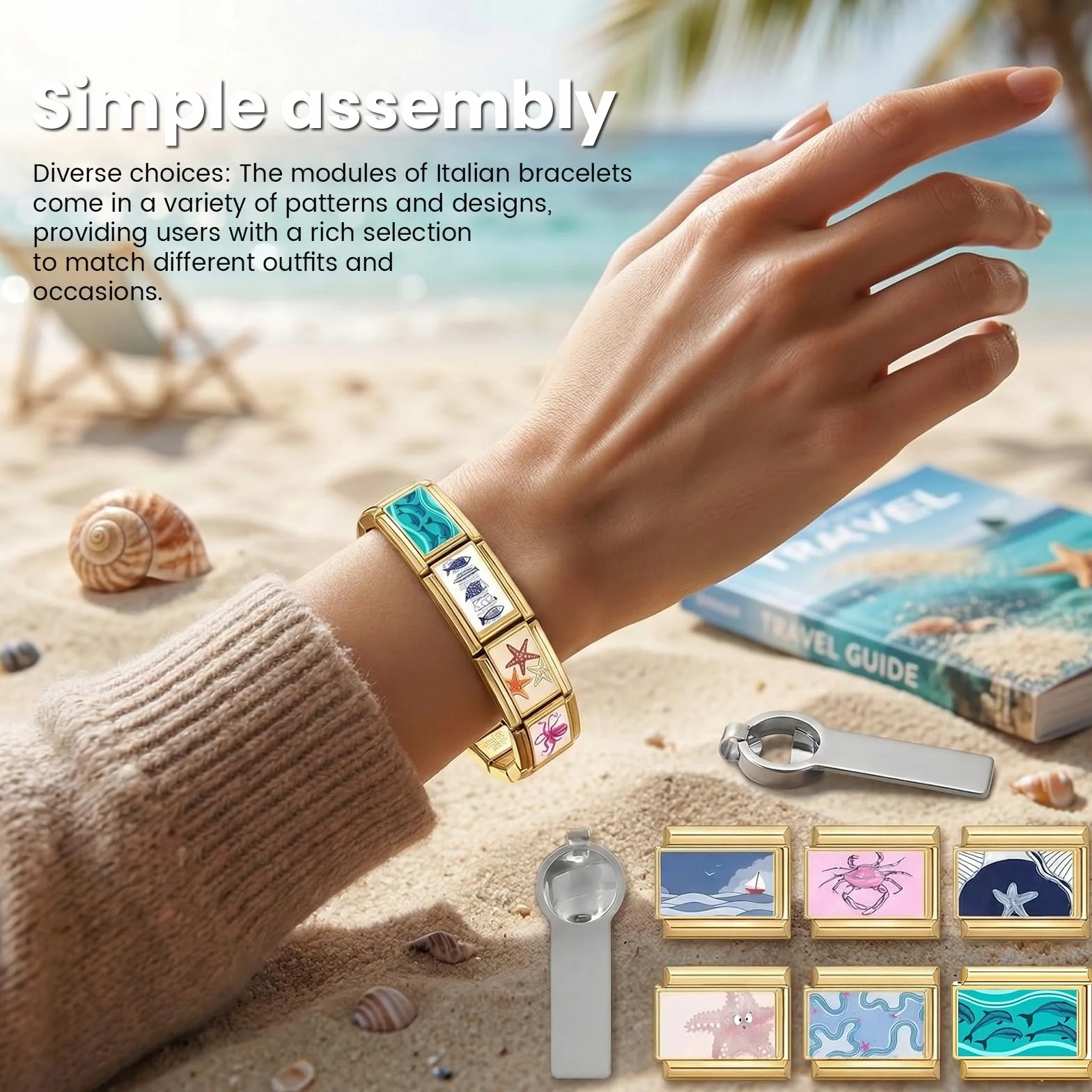 Pulsera Italiana de Encantos Conjunto de Brazalete Dorado con 1 Pulsera Inicial, 10 Encantos Italianos Temáticos del Océano con Herramienta de Apertura, 9 mm Encantos Italianos Modulares,