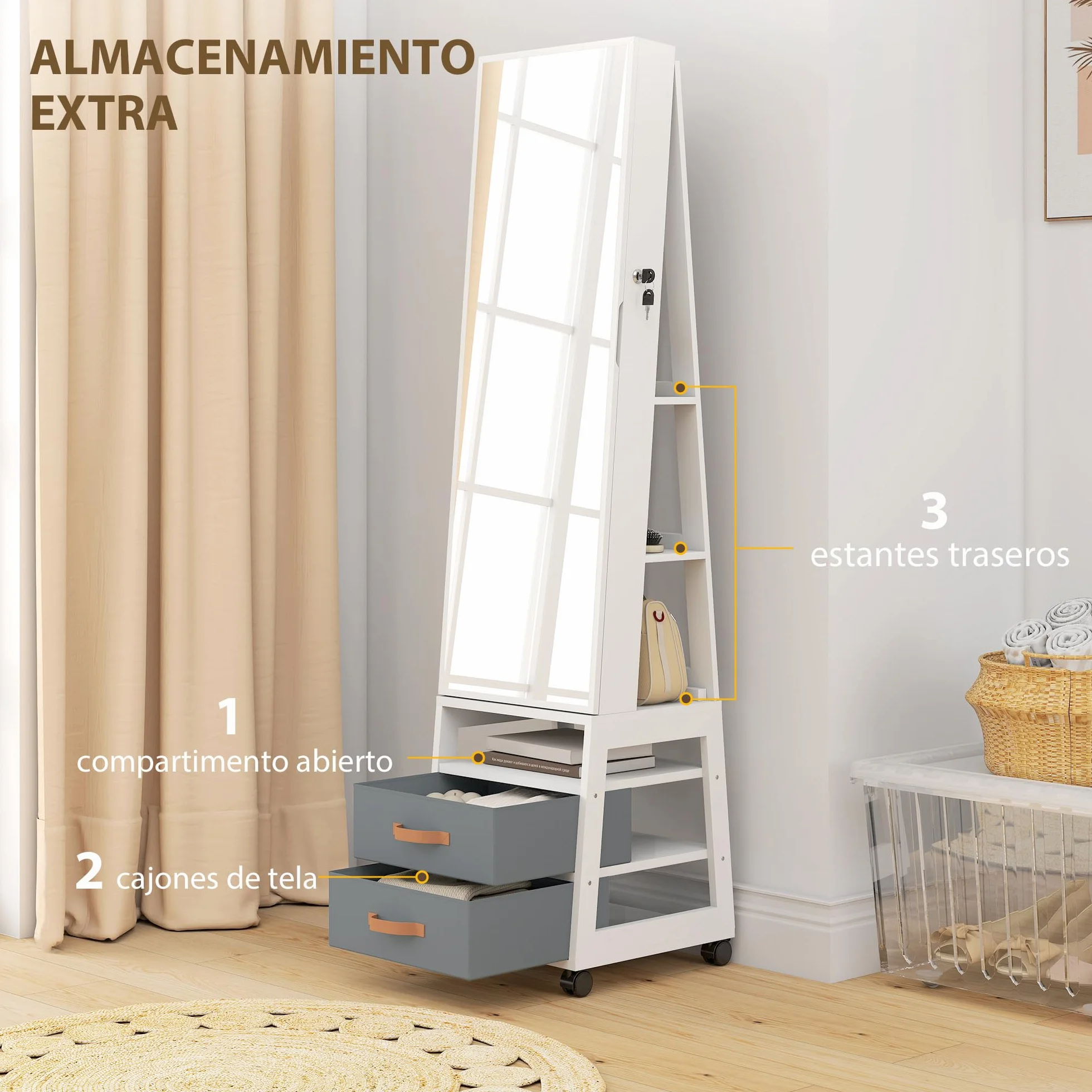 HOMCOM Espejo Joyero con Luces LED Interior, Armario para Joyas con Ruedas, Armario Joyero con Espejo Entero, Giratorio de 360°, Estantes Abiertos, Cajones de Tela, Blanco y Forro Crema