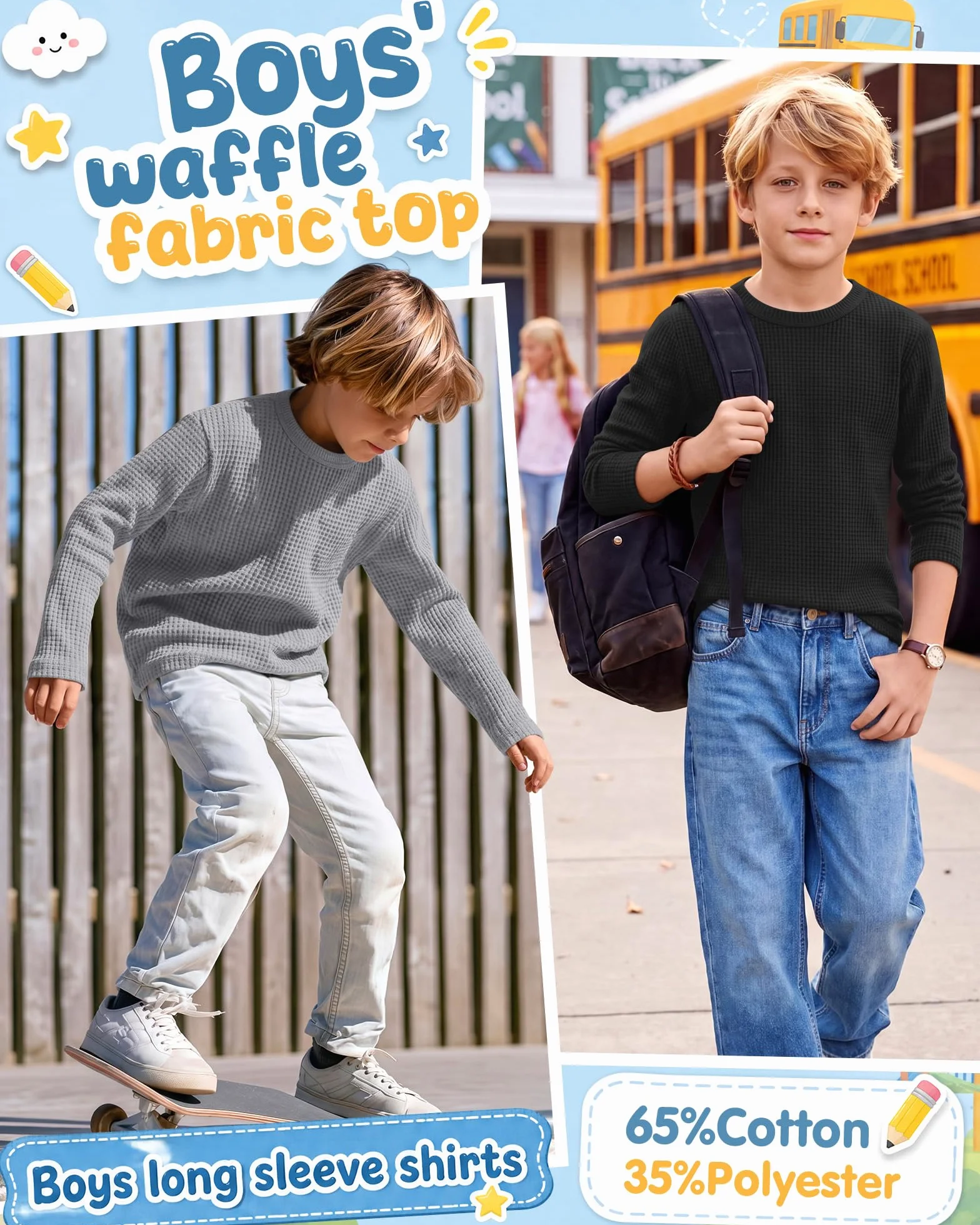 Clabby Pack de 3 Camisetas de Manga Larga Tipo gofre para niños de 5 a 14 años, Camisetas térmicas básicas para jóvenes