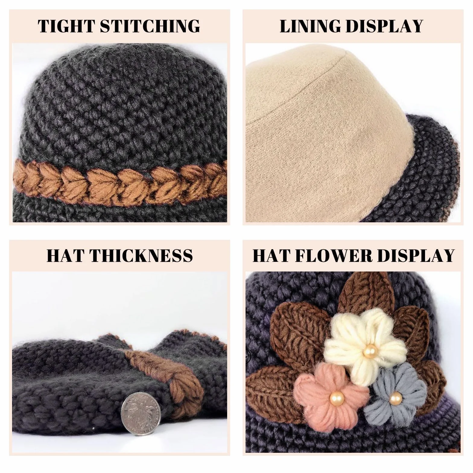 French Thicken Mujeres Flores Sombrero de Punto Elegante Gorro de Dama Sombrero de Cubo de Ganchillo para el Invierno, Sombrero Vintage de Flores Ganchillo Sombrero Hueco Sombrero de