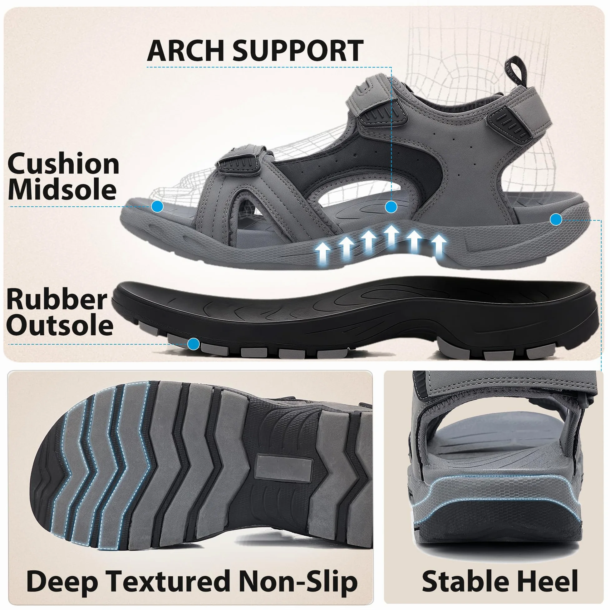 ARRIGO BELLO Sandalias Hombre Antideslizantes Sandals con Soporte del Arco Playa Deportivo Zapatos para Senderismo Actividades Tallas 41-46
