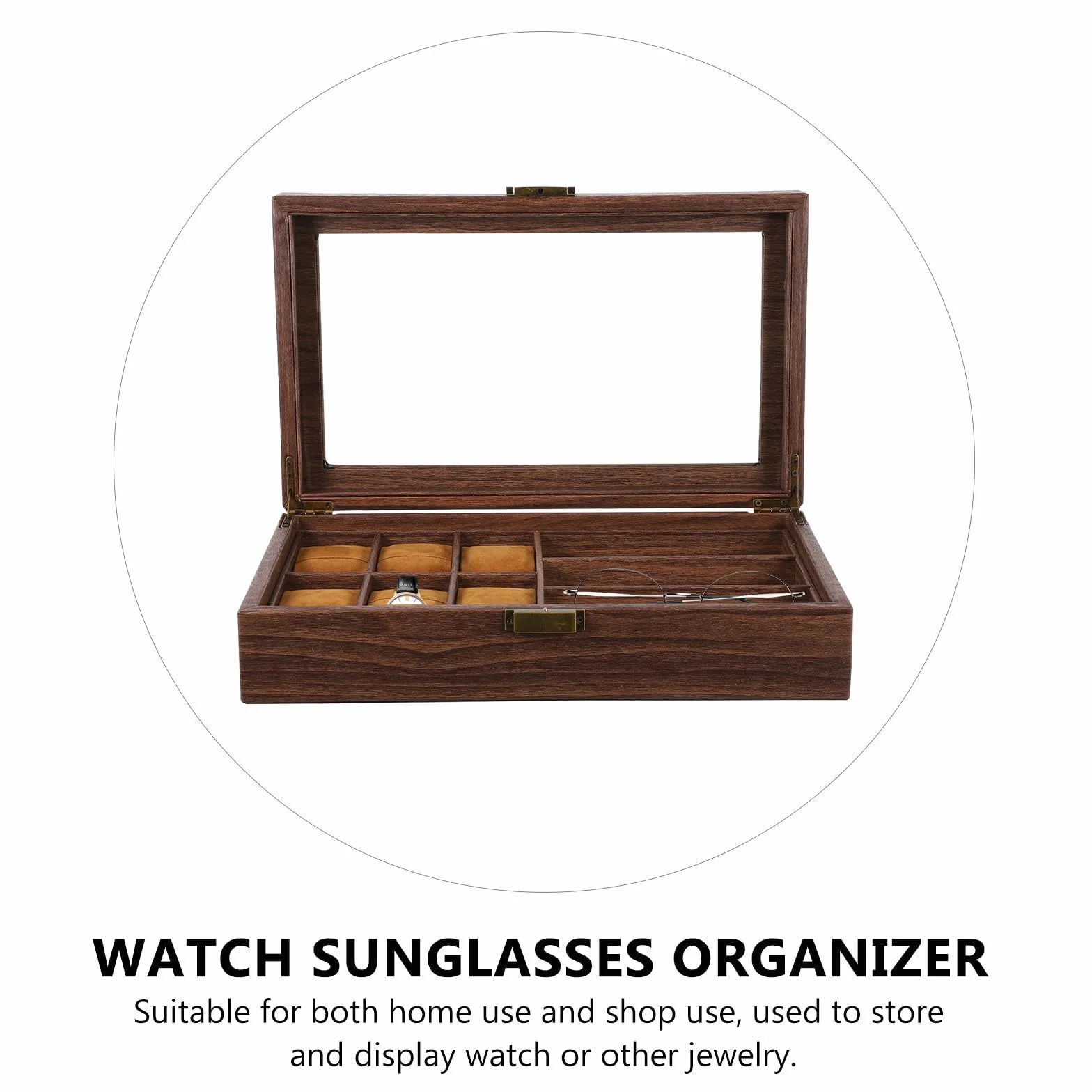 UKCOCO Caja de Madera para Relojes y Gafas Organizador con Compartimentos para Relojes y Gafas Diseño Retro y Funcional para Exhibición y Almacenamiento Seguro