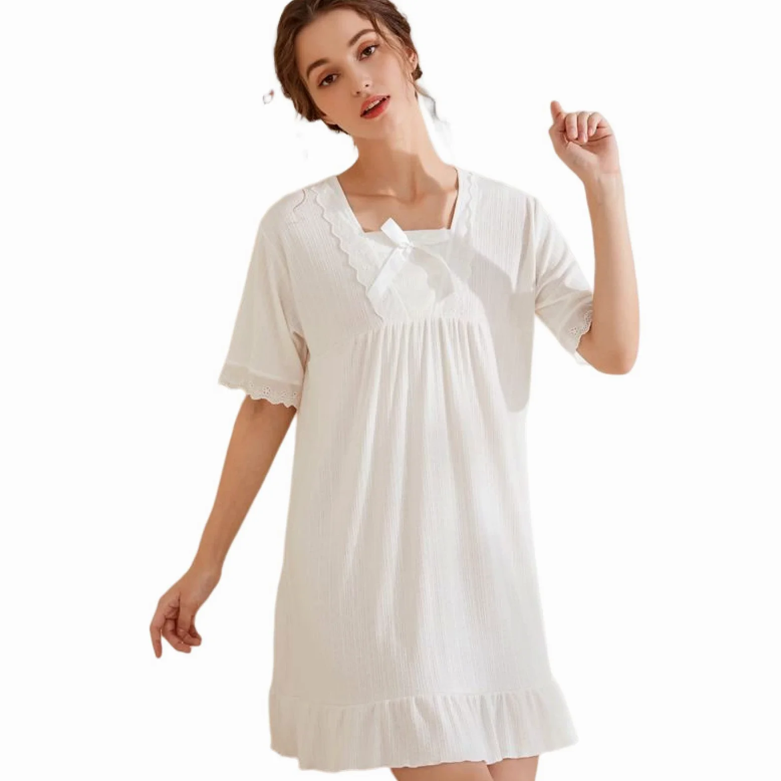 OFFSUM Camisón De Pijama De Mujer - Camisón De Manga Corta De Algodón De Color Sólido Camisón Informal De Talla Grande De Verano De Estilo Palaciego De Princesa Lencería