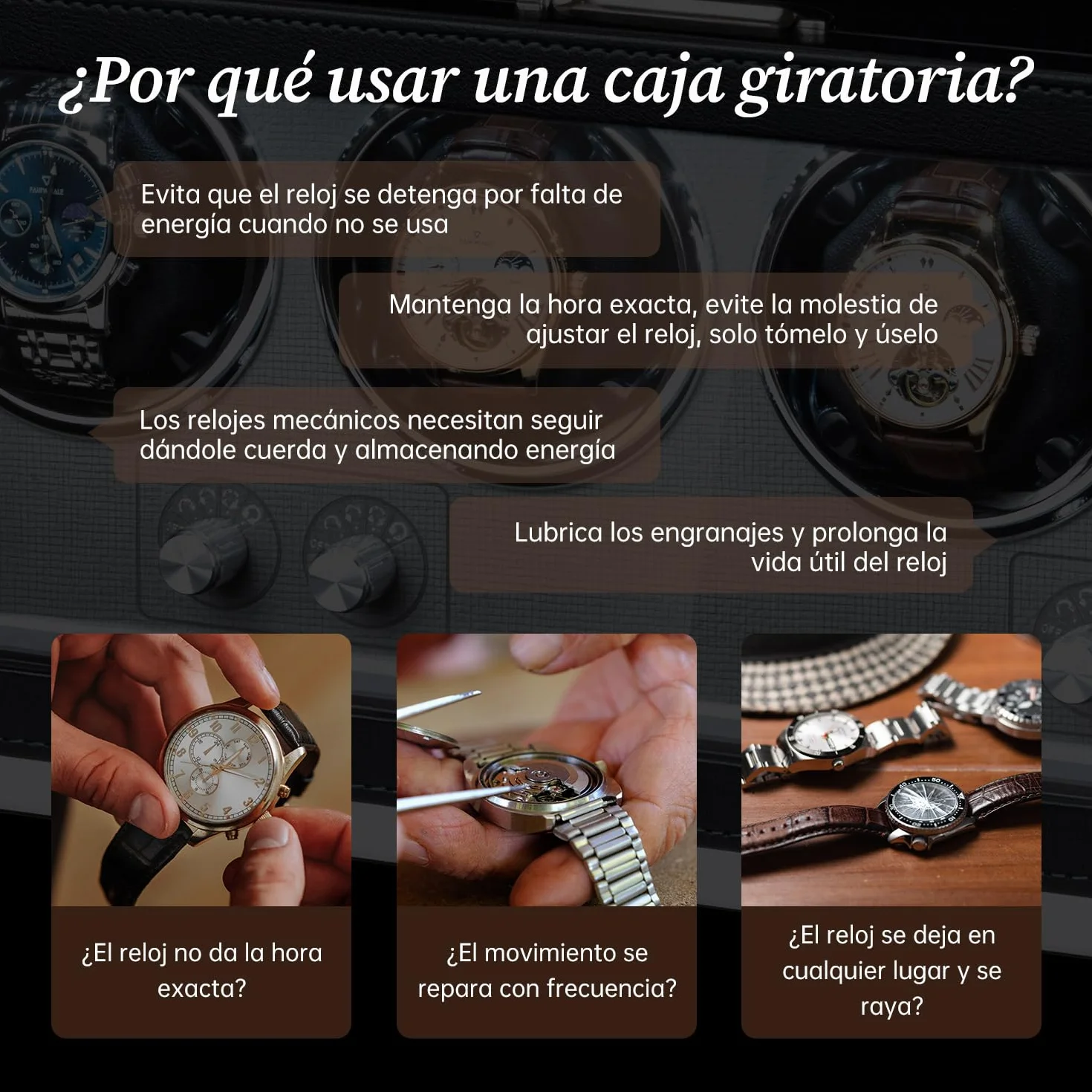 Mcbazel Automática Rectangular Piel sintética Caja enrolladora para 4 Relojes Motor ultrasilencioso 4 diales Pantalla LED 4 Modos rotación Negro