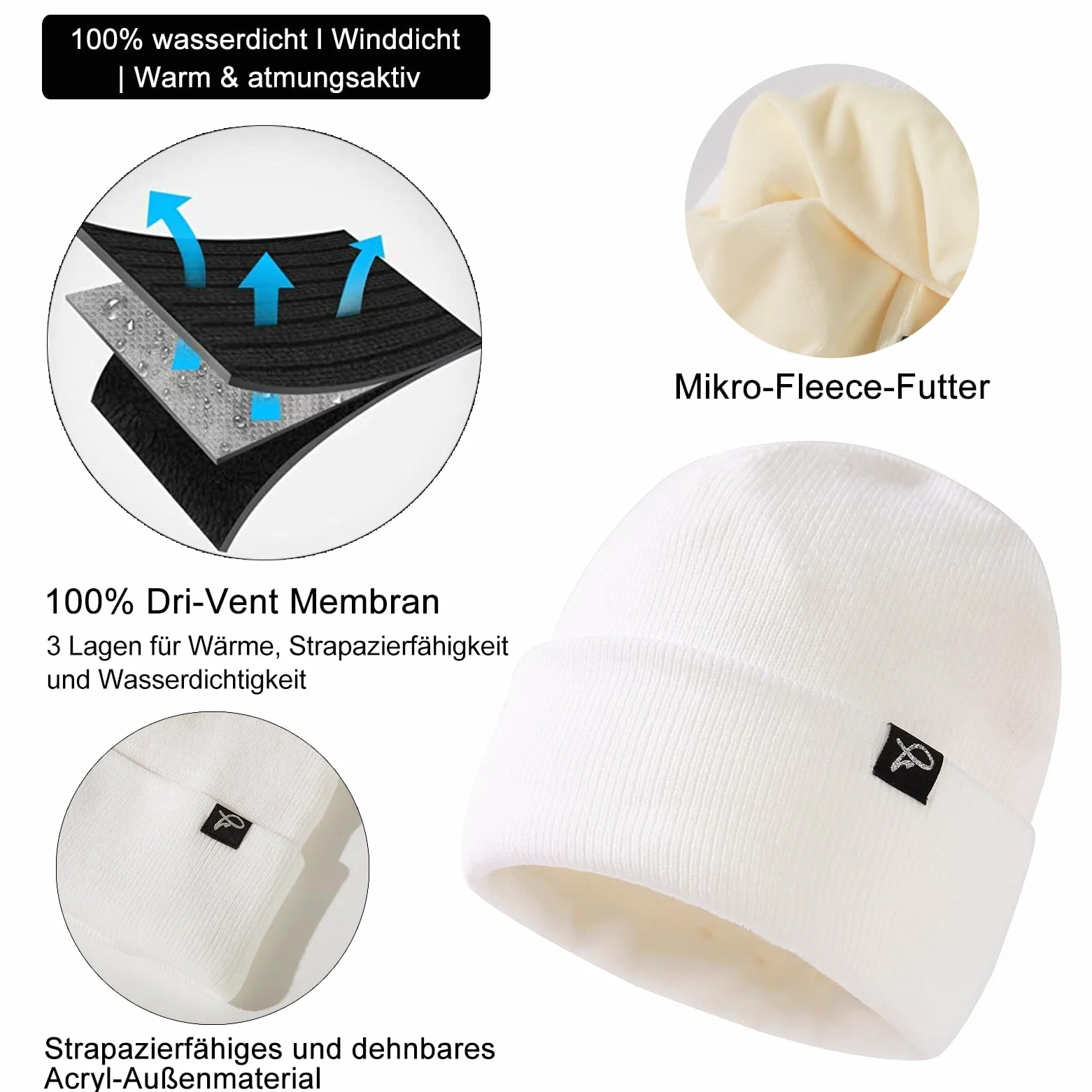 TOP-EX Dryknit - Gorro de invierno impermeable de gran tamaño XL XXL con forro polar para hombre