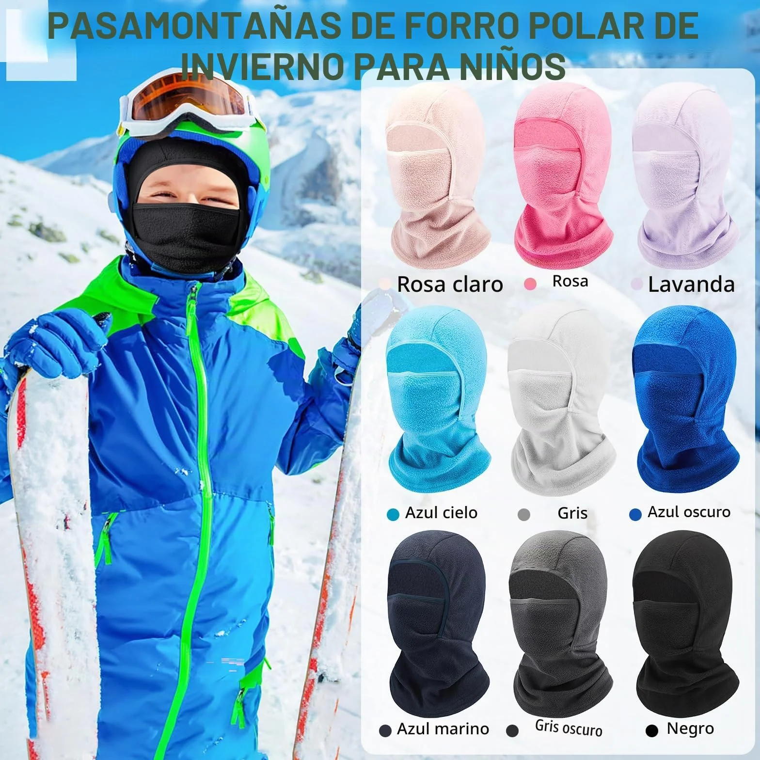 Pasamontañas Térmico Niños 4-13 Años, Máscara de Esquí Ciclismo con Forro Polar y Calentador de Cuello