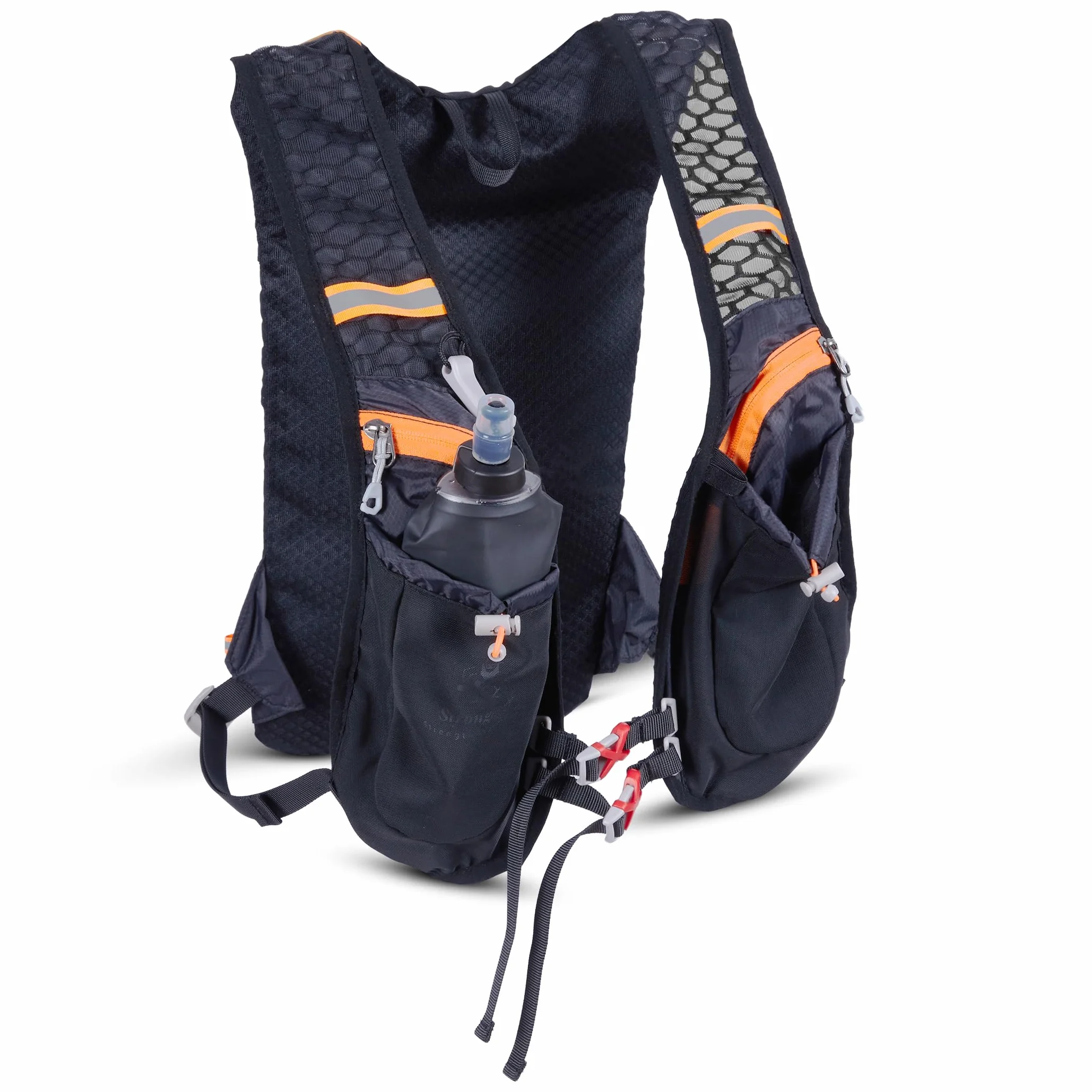 Chaleco Running Hombre y Mujer, Chaleco Hidratación Trail Running 40x22cm, Dos Bolsillos Exteriores, Dos Compartimentos, Botella de 0.5L y Silbato Incluido, Mochila Correr Hombre y Mujer