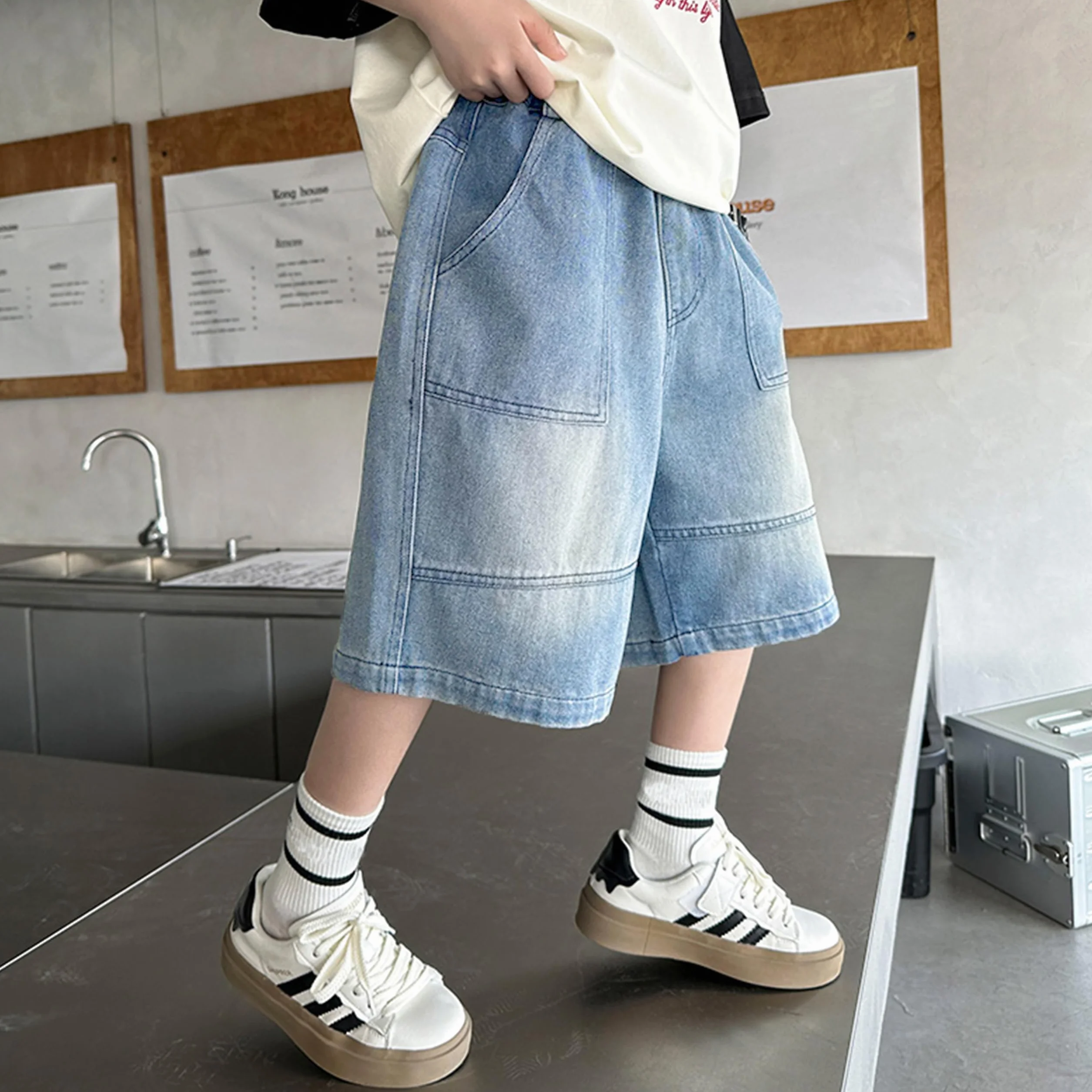 Pantalones Cortos Vaqueros Holgados para Niños, Cintura Elástica Pierna Ancha