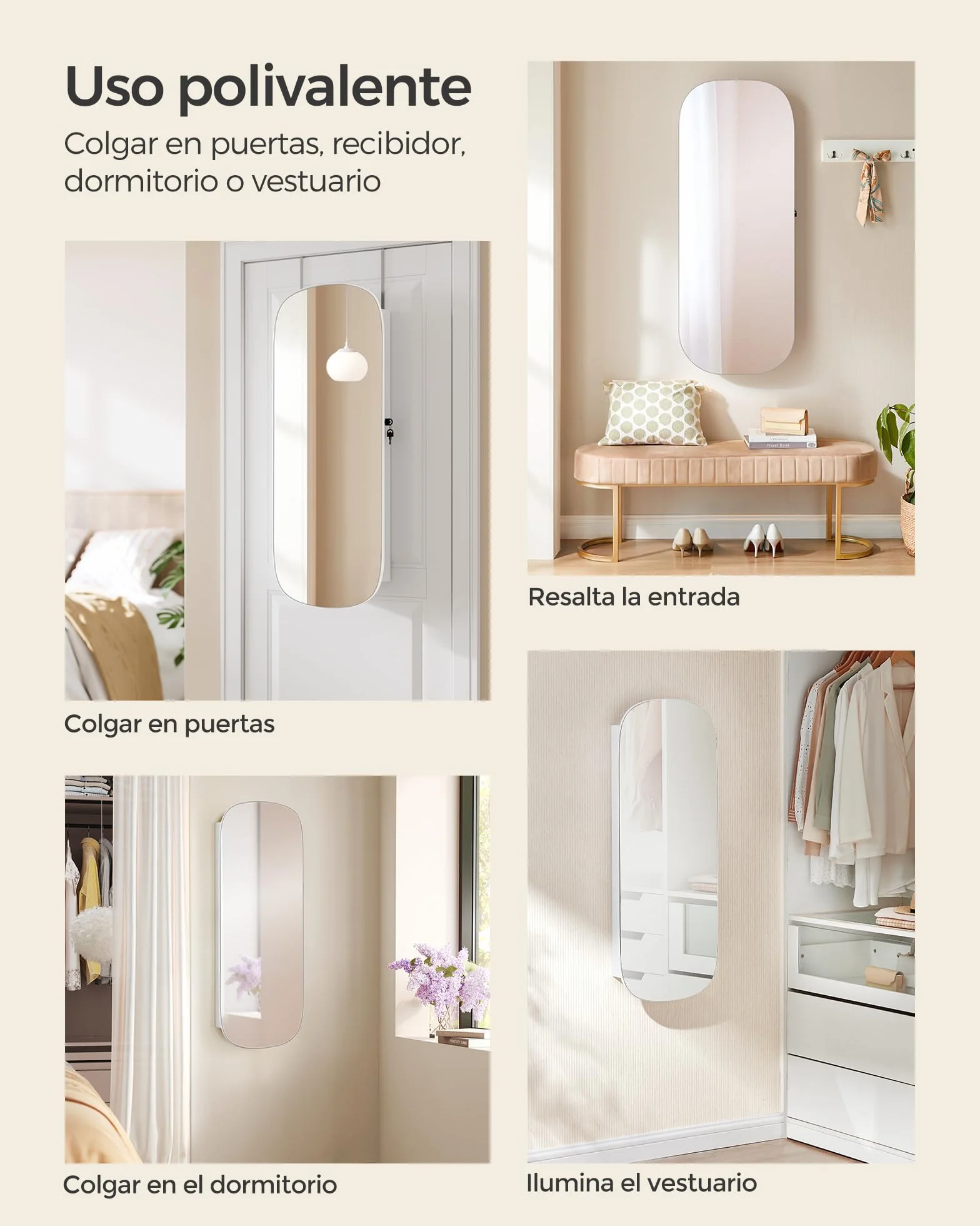 SONGMICS Armario para Joyas, Espejo Joyero de Pared, Organizador con Luz LED y Cerradura, Varios Compartimentos, para Pendiente, Collar, Superficie Blanca y Forro Gris Beige JJC026W01