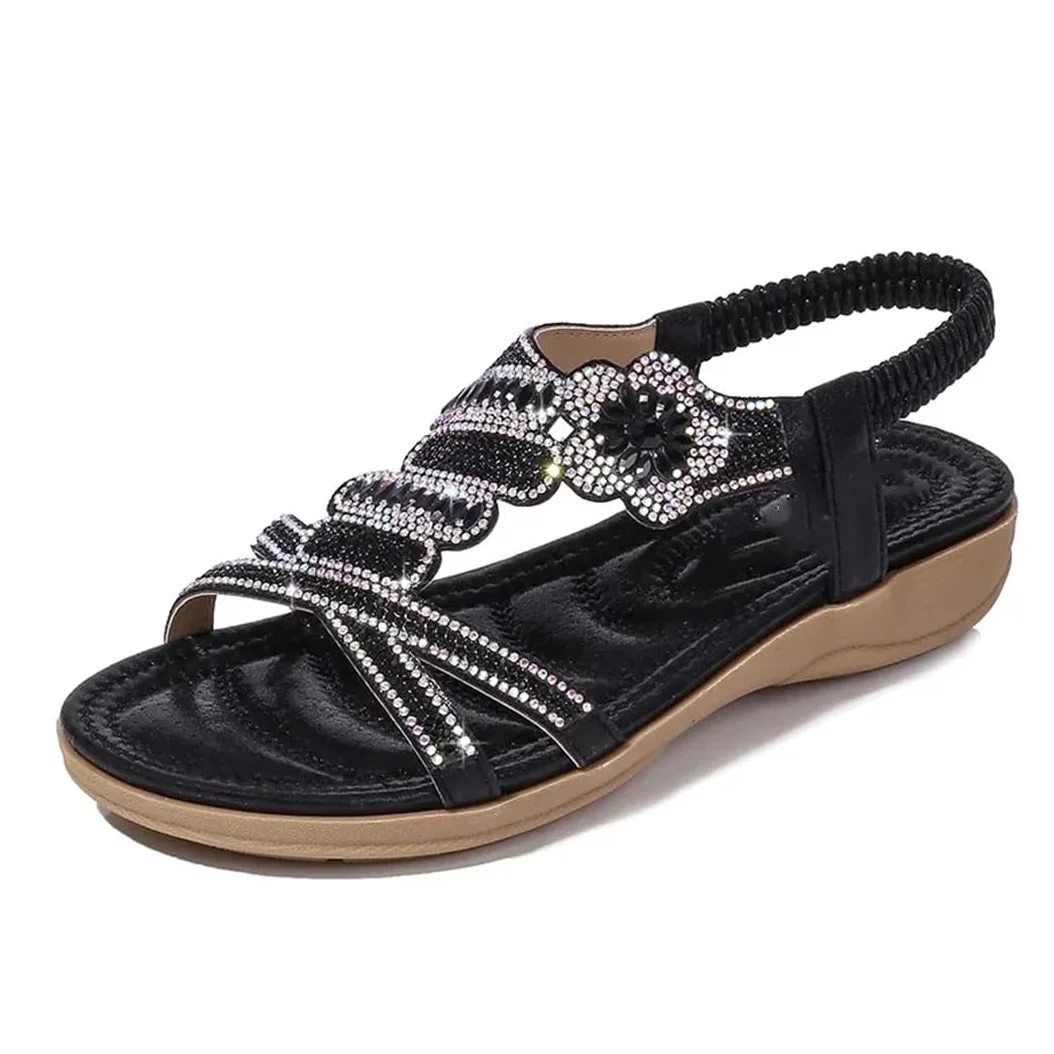 Sandalias de gladiador con banda elástica delantera y trasera para mujer, tacón plano, parte superior de poliuretano, sandalias de verano