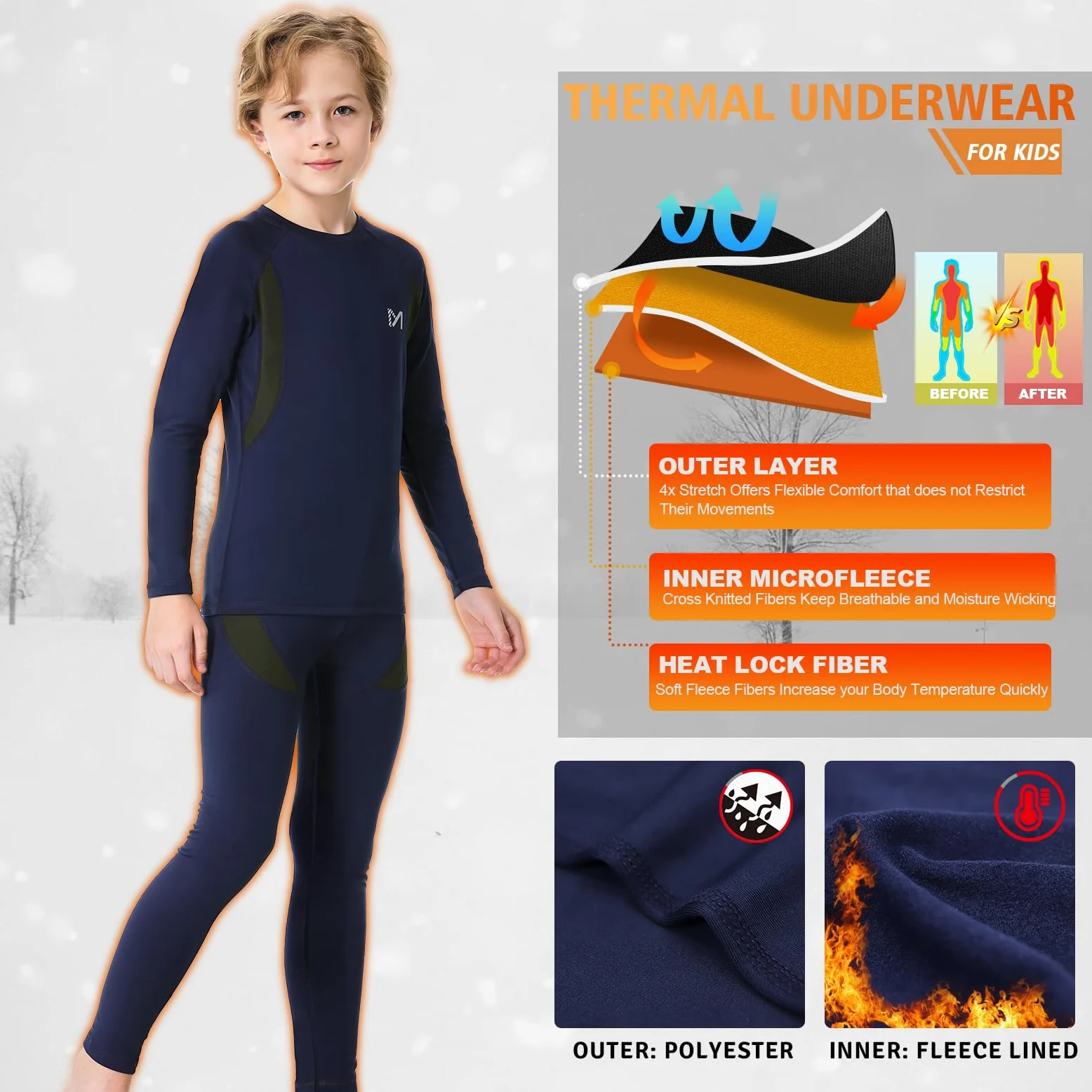 MEETYOO 2 Packs Ropa Interior Térmica Niños Camiseta Térmica Invierno Manga Larga Pantalones Cortos Esquí Deporte Transpirable Cálido Capa Base Ropa Interior Set